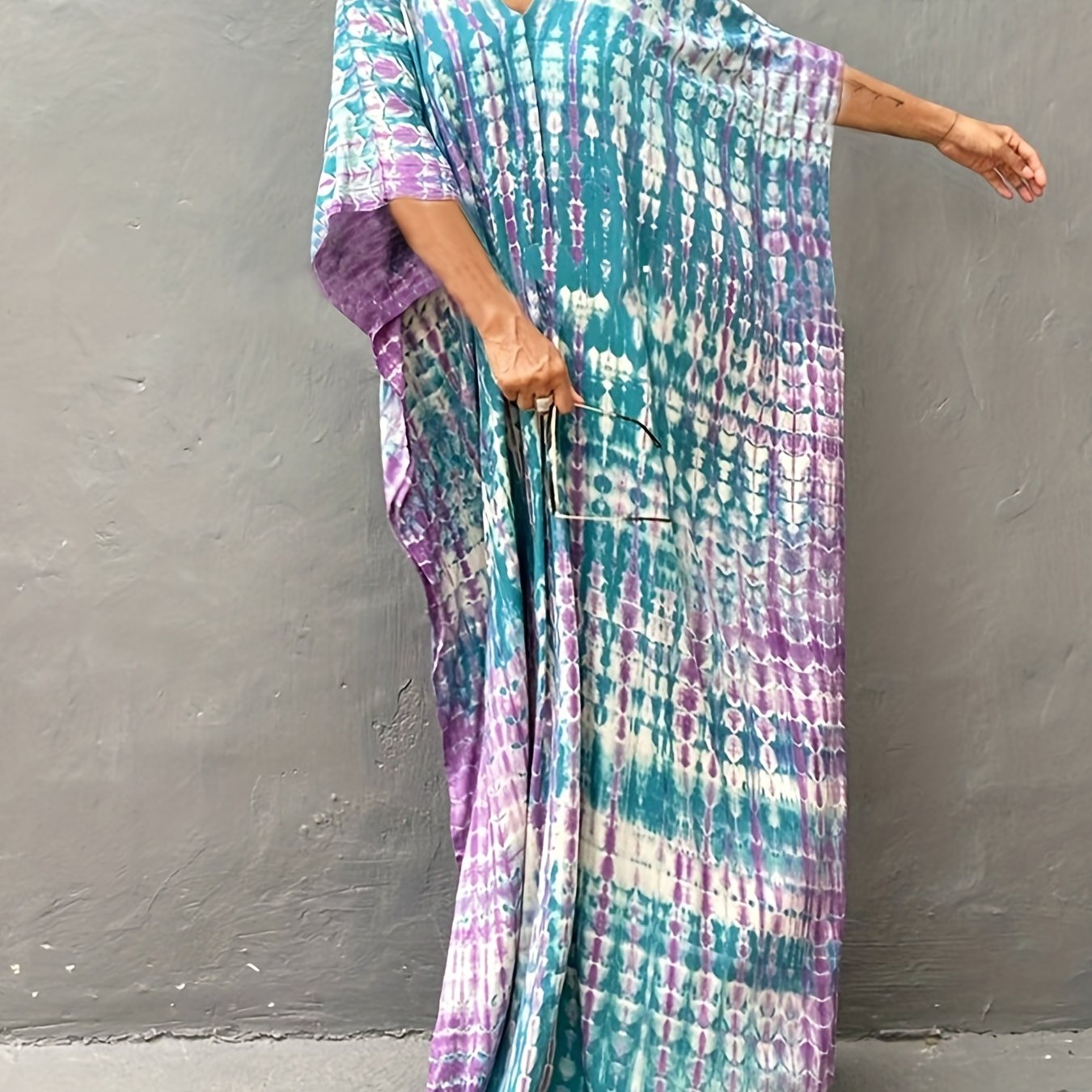 Sixsr V Neck Oversized Kaftan Dress, Bohemian Loose Beach Vacation Dress, Women's Clothing