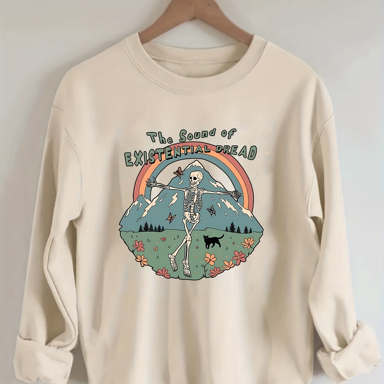 Sixsr Plus Size Halloween Sweatshirt, Women's Plus Skull & Rainbow & Letter Print Long Sleeve Round Neck Sweatshirt