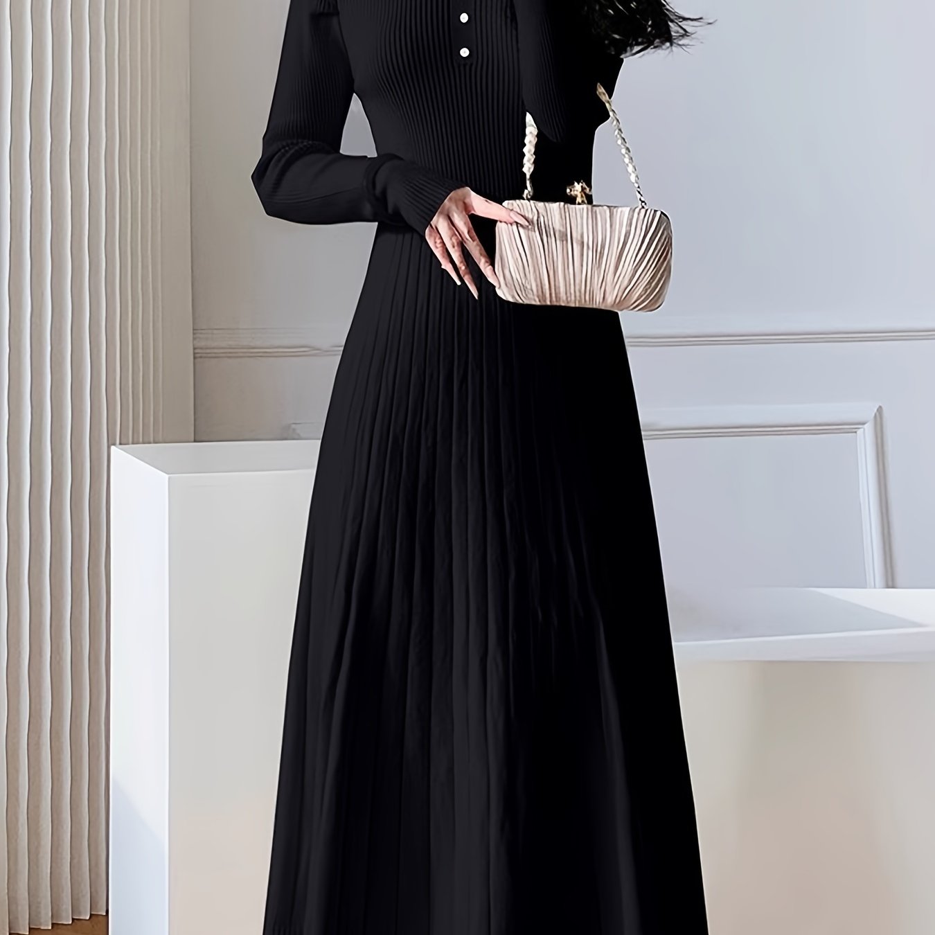 Sixsr Button Decor Keyhole Ribbed Dress, Elegant Long Sleeve Mock Neck A-line Knit Dress, Women's Clothing