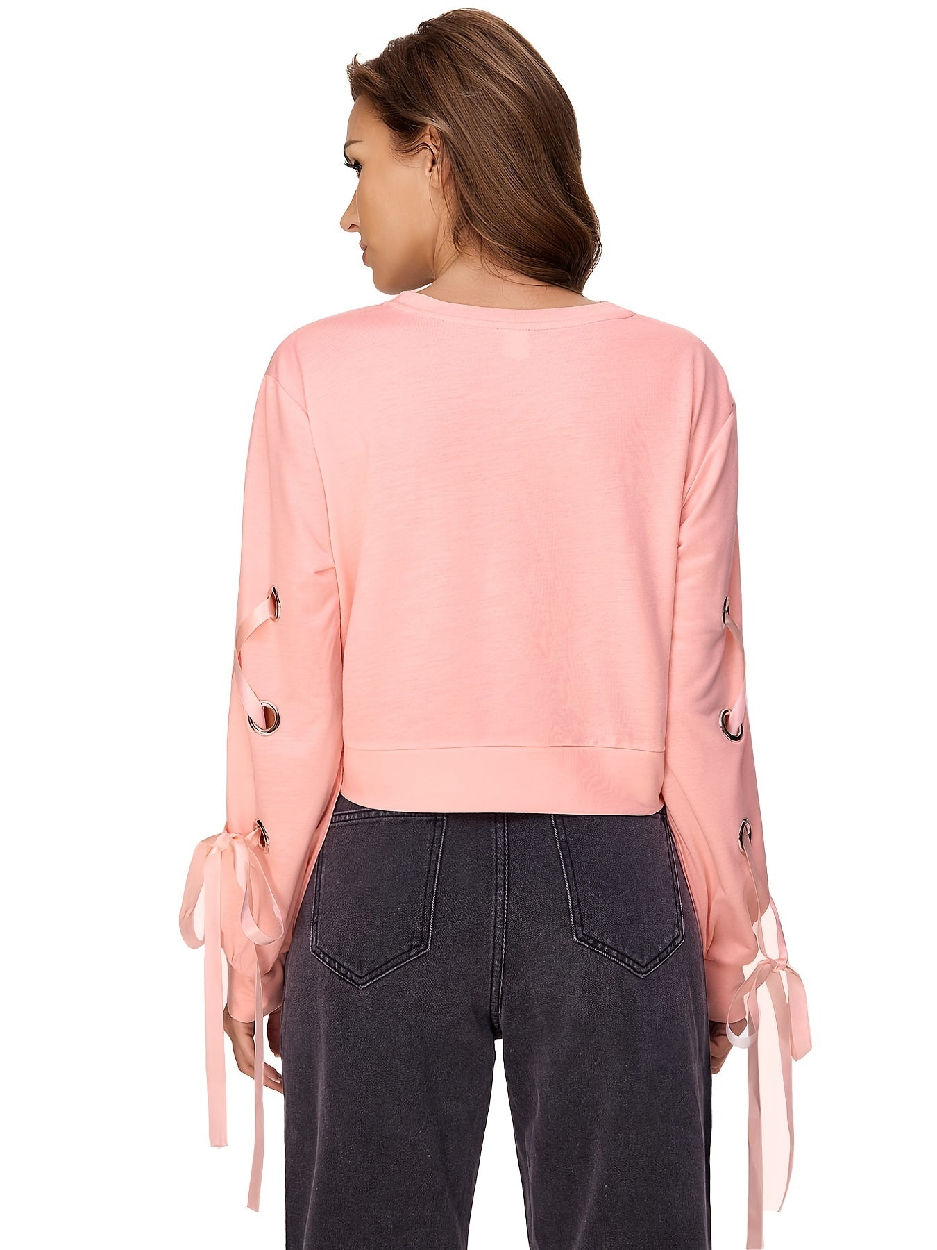 Sixsr Fashion Trend Round Neck Solid T-shirt, Casual Bandage Long Sleeved T-shirt, Women's Clothing