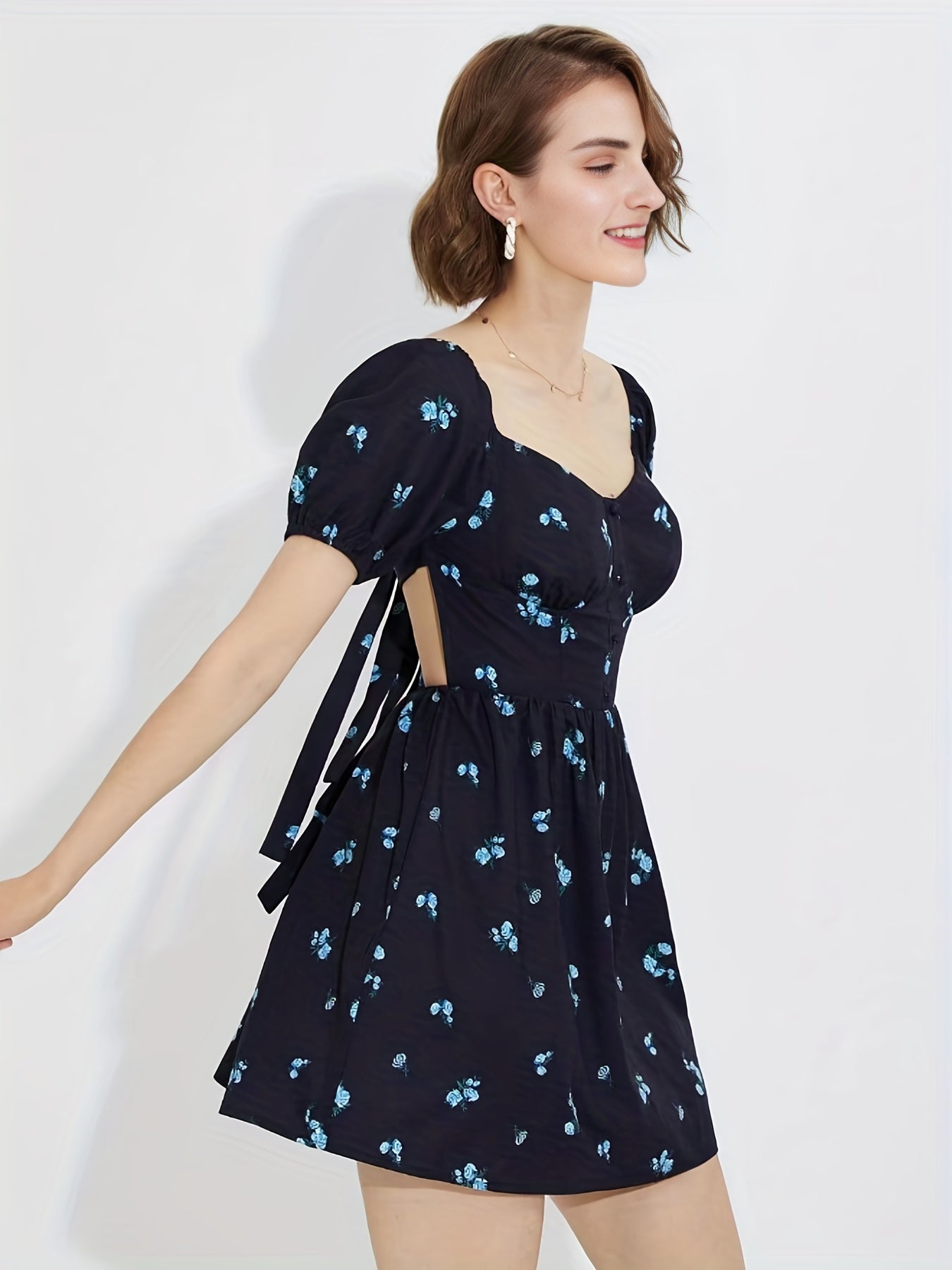 Sixsr Floral Print Sweetheart Neck Dress, Elegant Puff Sleeve Tie Back Ruched Mini Dress, Women's Clothing