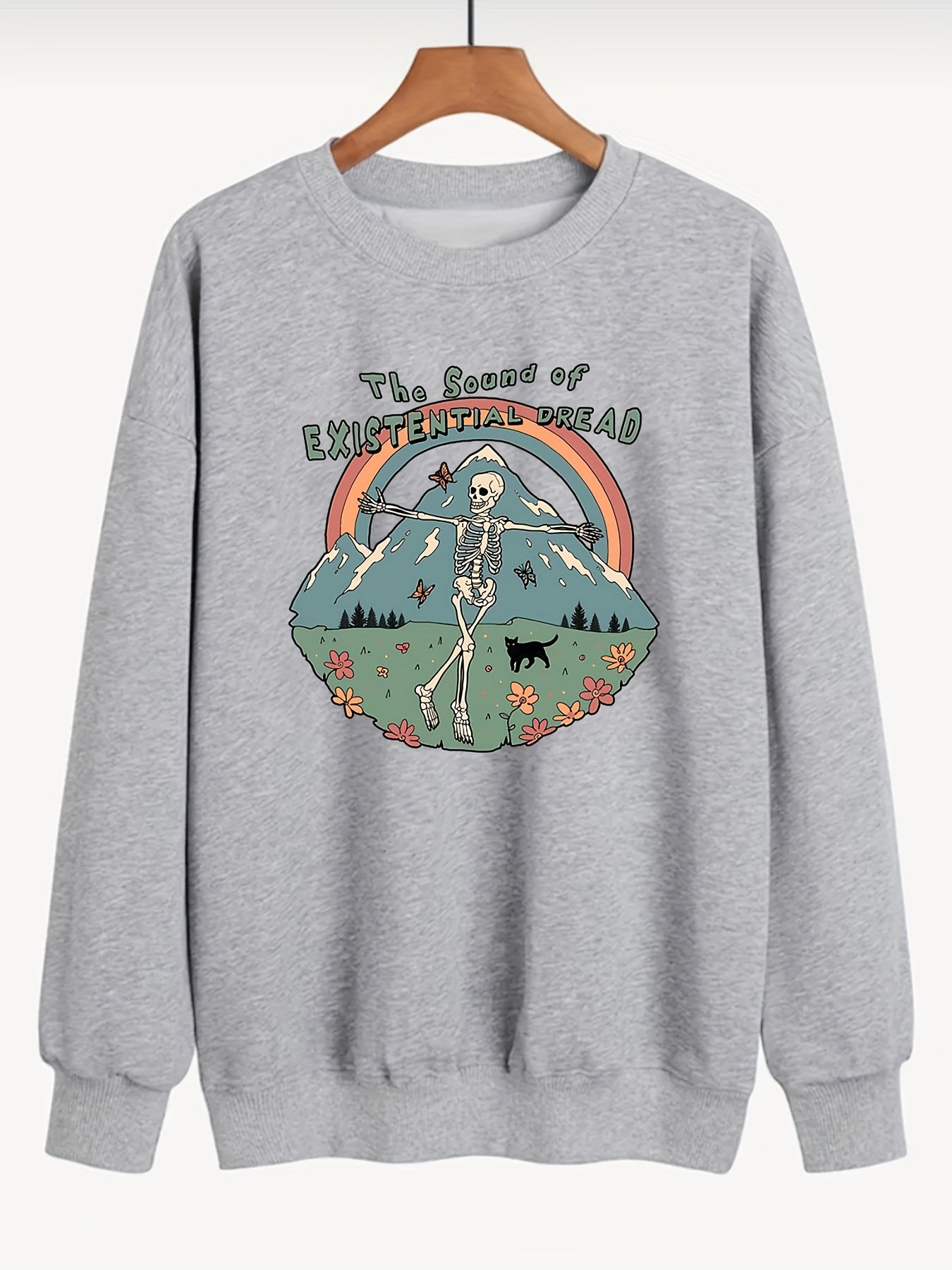 Sixsr Plus Size Halloween Sweatshirt, Women's Plus Skull & Rainbow & Letter Print Long Sleeve Round Neck Sweatshirt