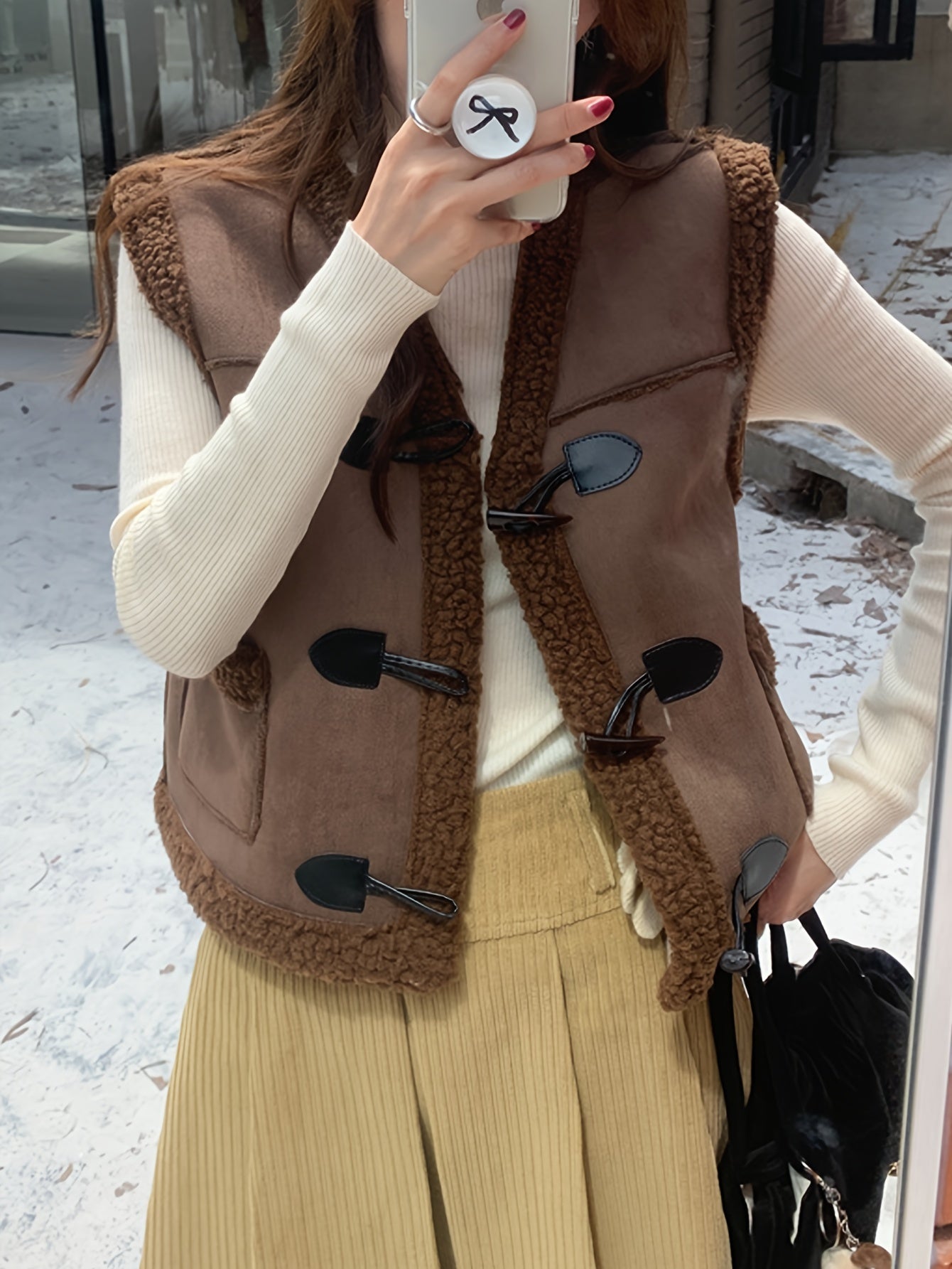 Sixsr Faux Fur Trim Duffle Vest, Casual Thermal Sleeveless Pocket Vest For Fall & Winter, Women's Clothing