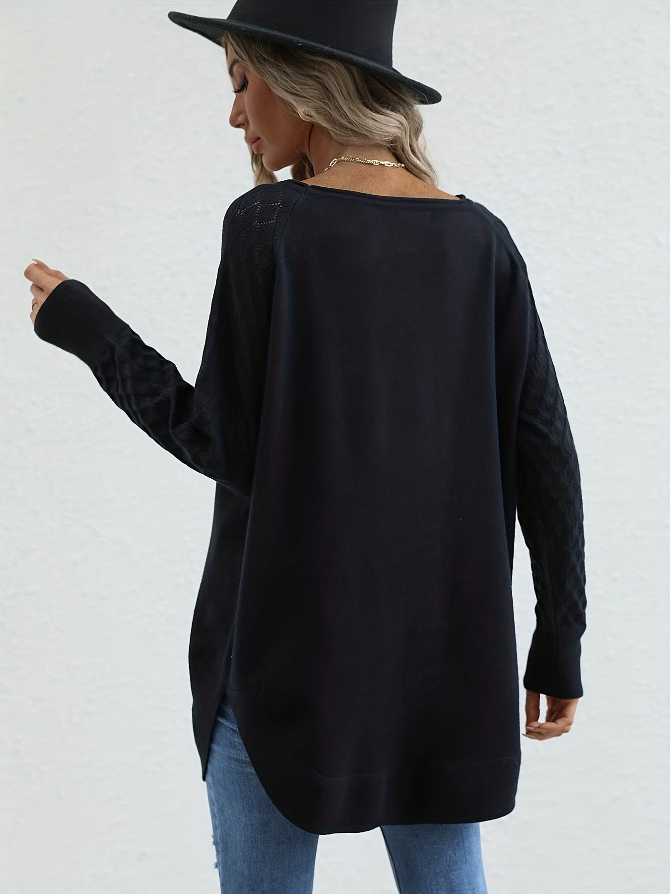 Sixsr Solid Crew Neck Slit Pullover Sweater, Casual Long Sleeve Sweater For Spring & Fall, Women's Clothing
