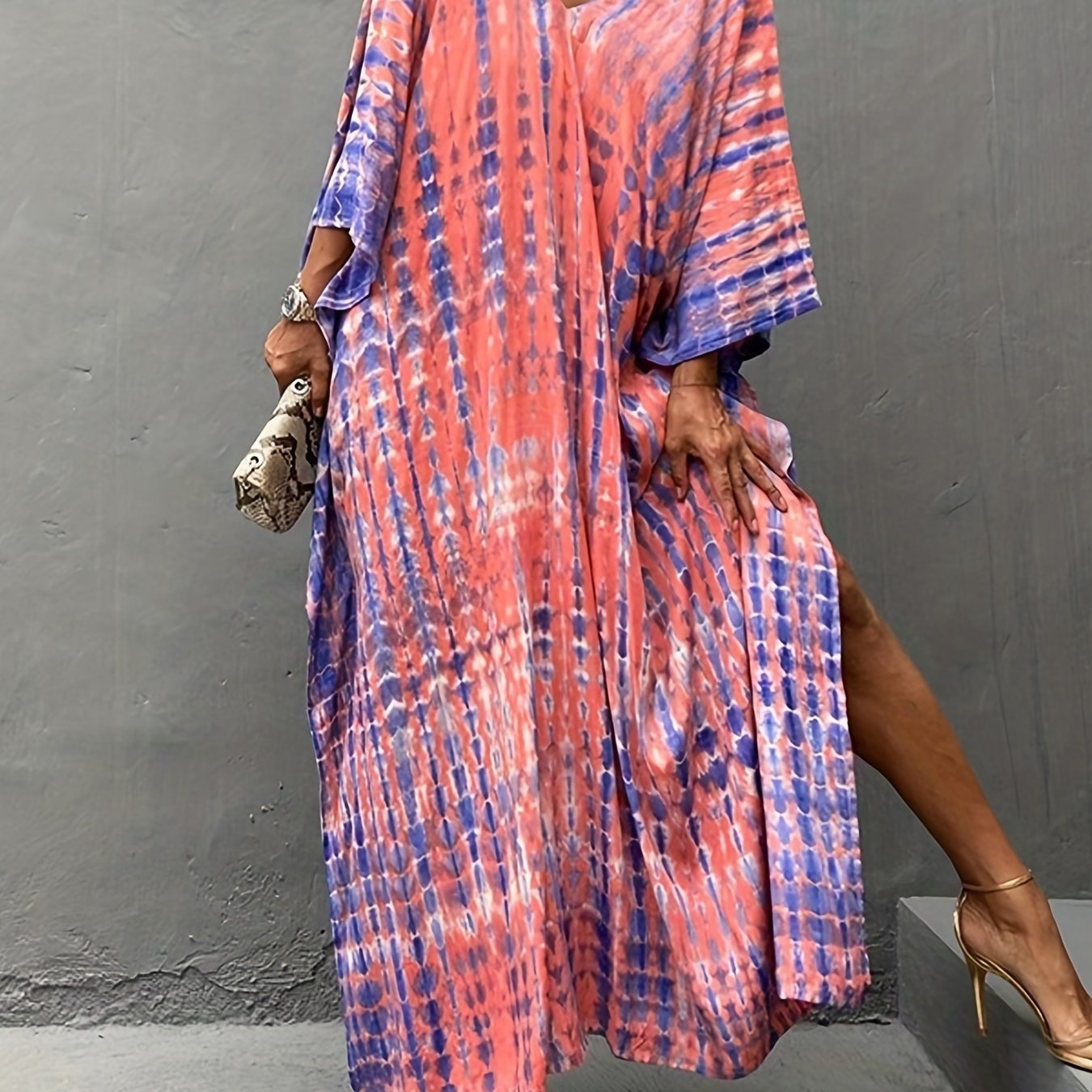 Sixsr V Neck Oversized Kaftan Dress, Bohemian Loose Beach Vacation Dress, Women's Clothing