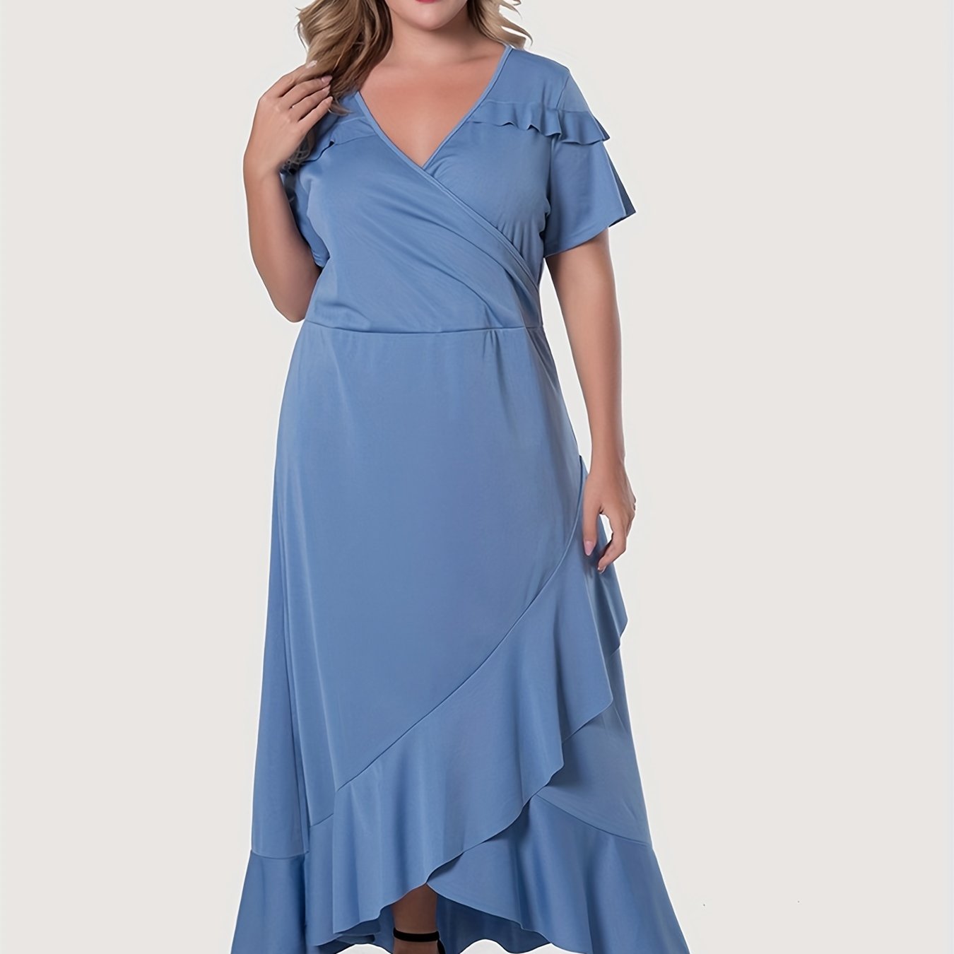 Sixsr Plus Size Elegant Dress, Women's Plus Plain Surplice Neck Ruffle Trim Short Sleeve Maxi Dress