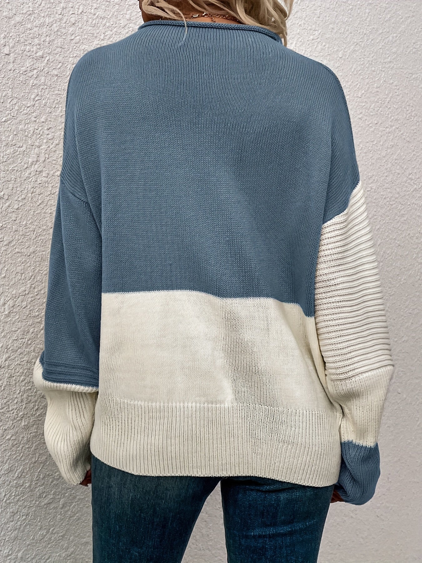 Sixsr Color Block Loose Pullover Sweater, Elegant Long Sleeve Drop Shoulder Sweater, Women's Clothing
