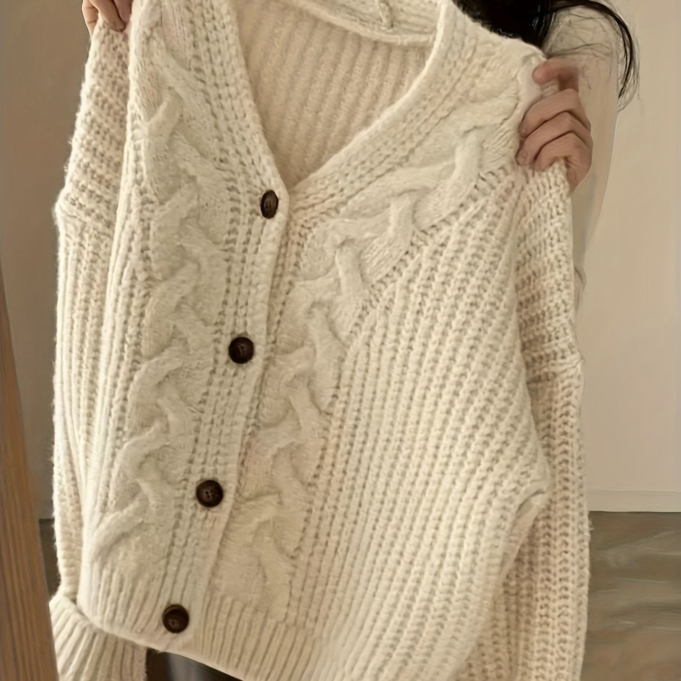 Sixsr Solid Button Down Cable Knit Cardigan, Casual Long Sleeve Loose Thick Sweater, Women's Clothing