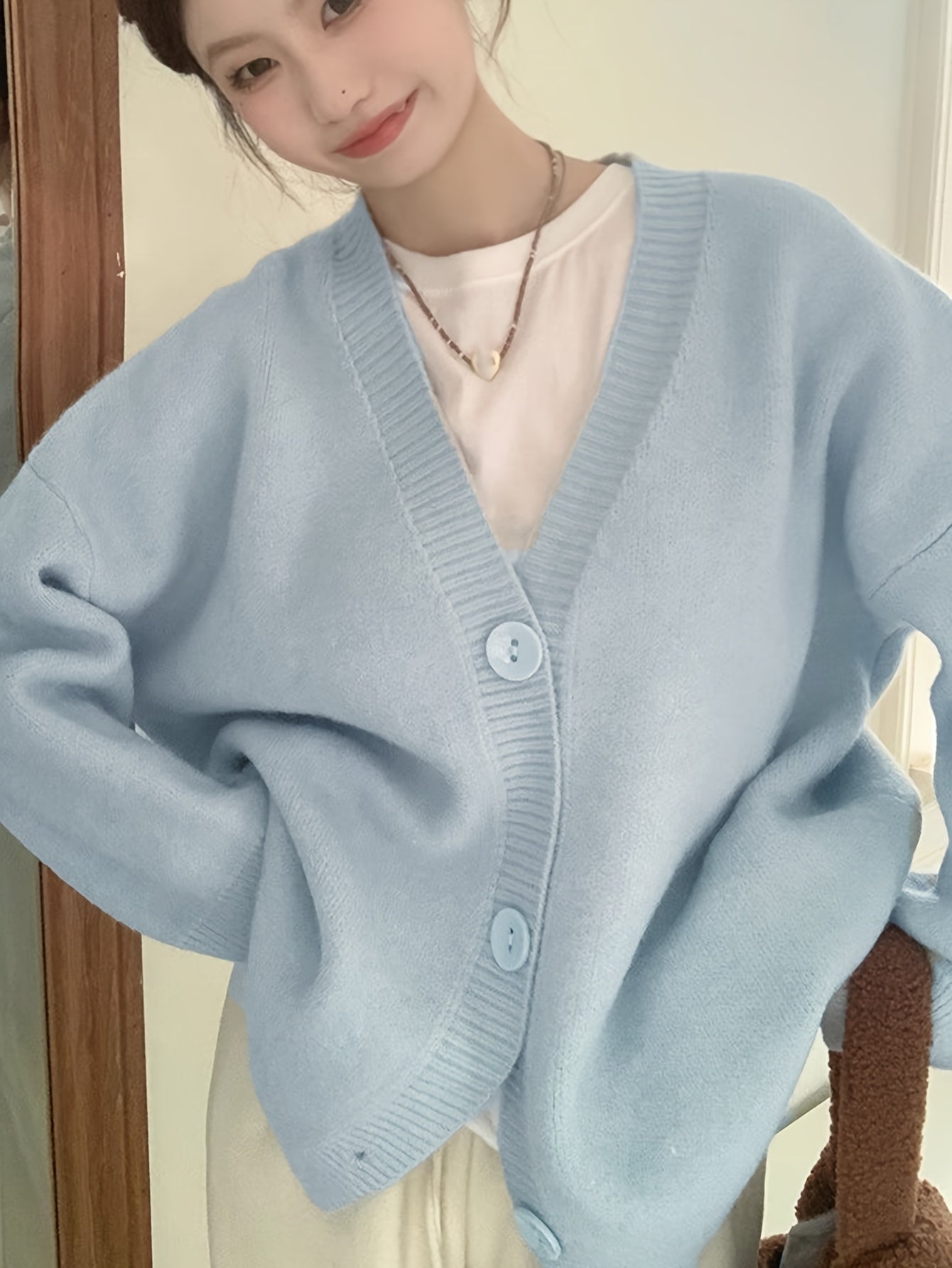 Sixsr Solid Button Front Cardigan, Casual Long Sleeve Drop Shoulder Outwear, Women's Clothing