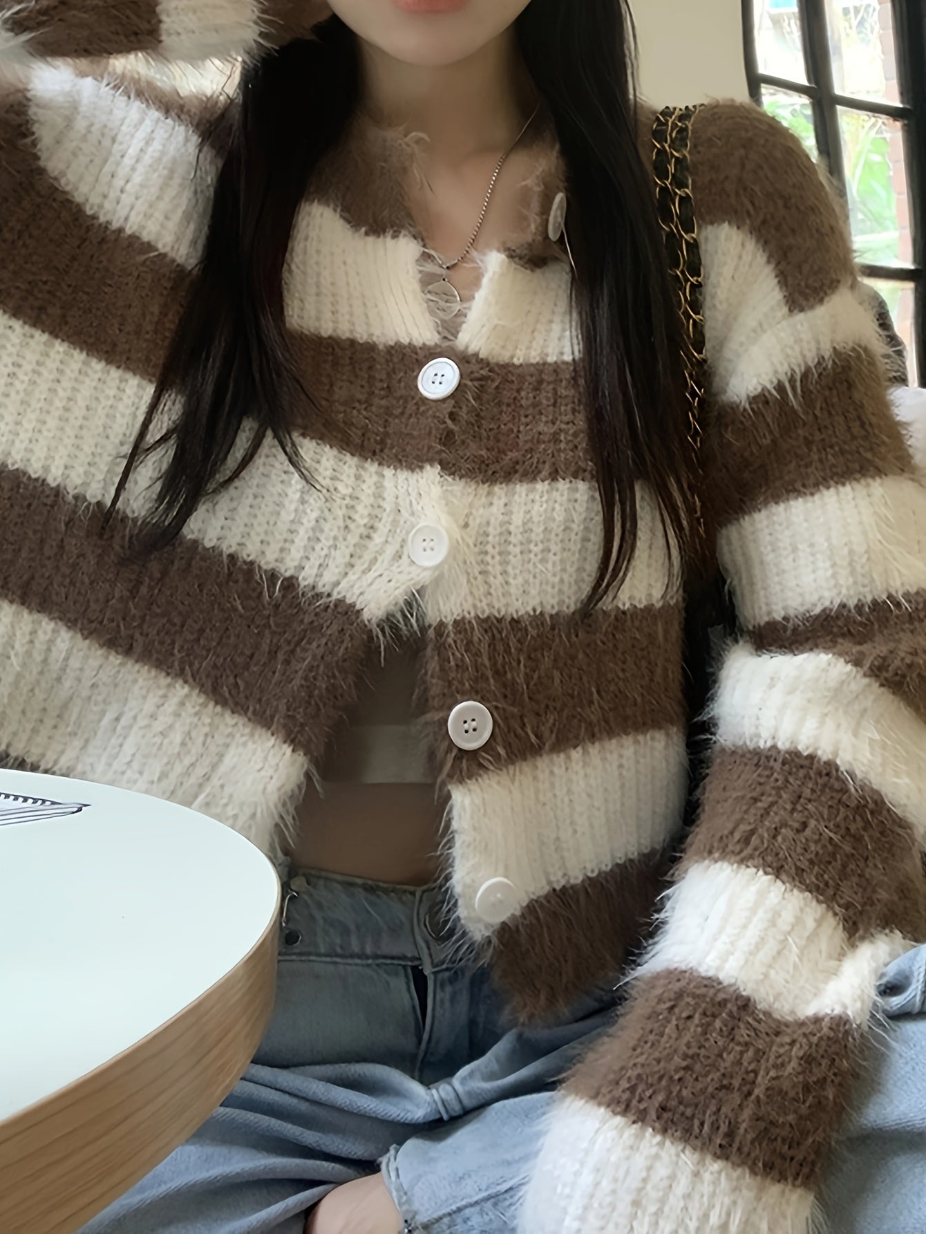 Sixsr Color Block Striped Fleece Knit Cardigan, Casual Button Down Long Sleeve Cozy Sweater, Women's Clothing