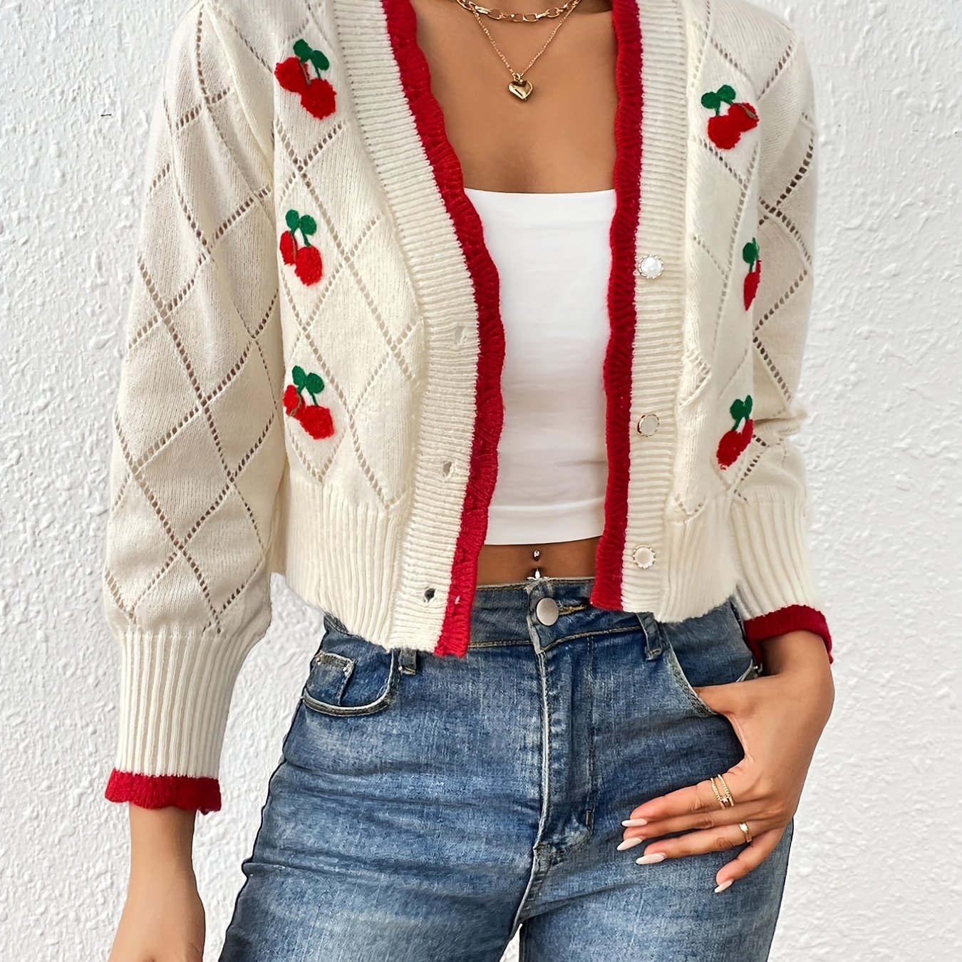 Sixsr Cherry Pattern Button Down Pointelle Knit Cardigan, Casual Long Sleeve Crop Sweater, Women's Clothing