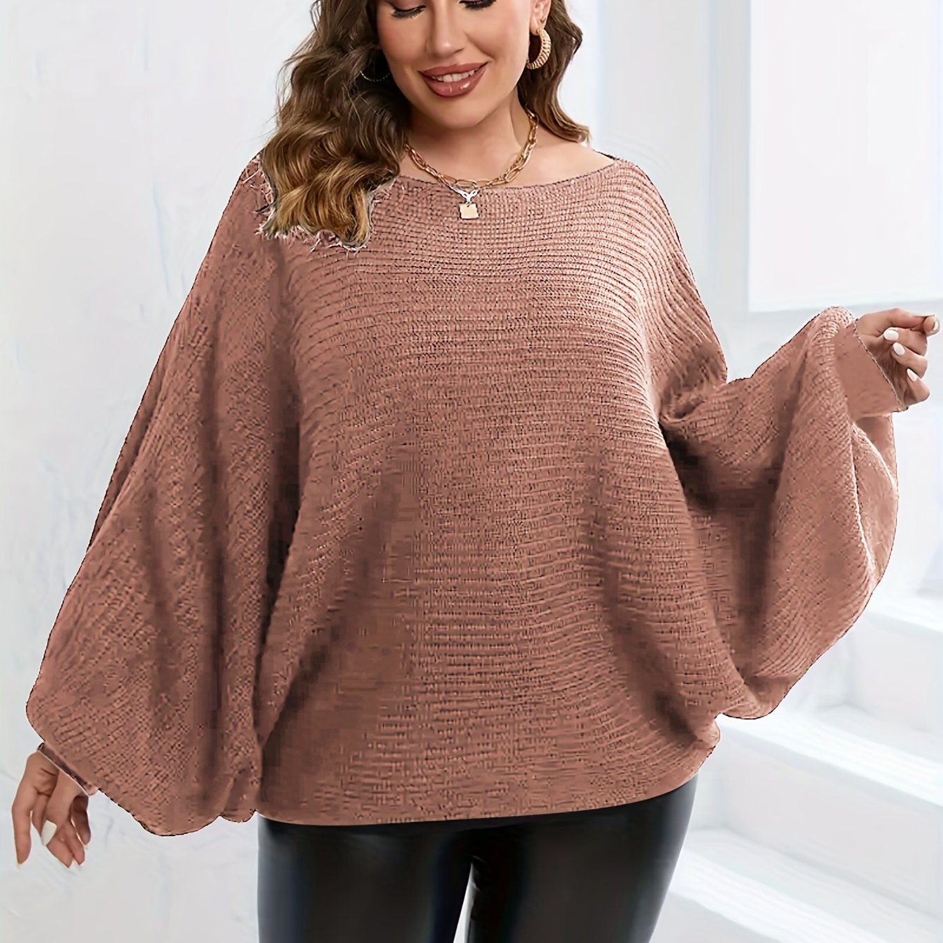 Sixsr Plus Size Off Shoulder Batwing Solid Sweater, Women's Plus Casual Slight Stretch Sweater