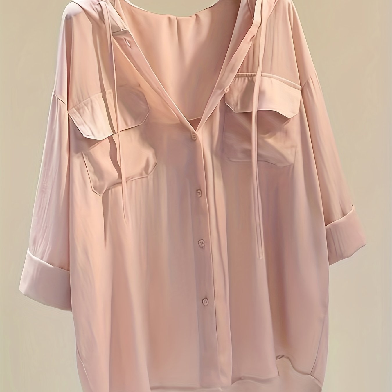 Sixsr Solid Pocket Button Hooded Blouse, Casual Drawstring Blouse For Spring & Summer, Women's Clothing