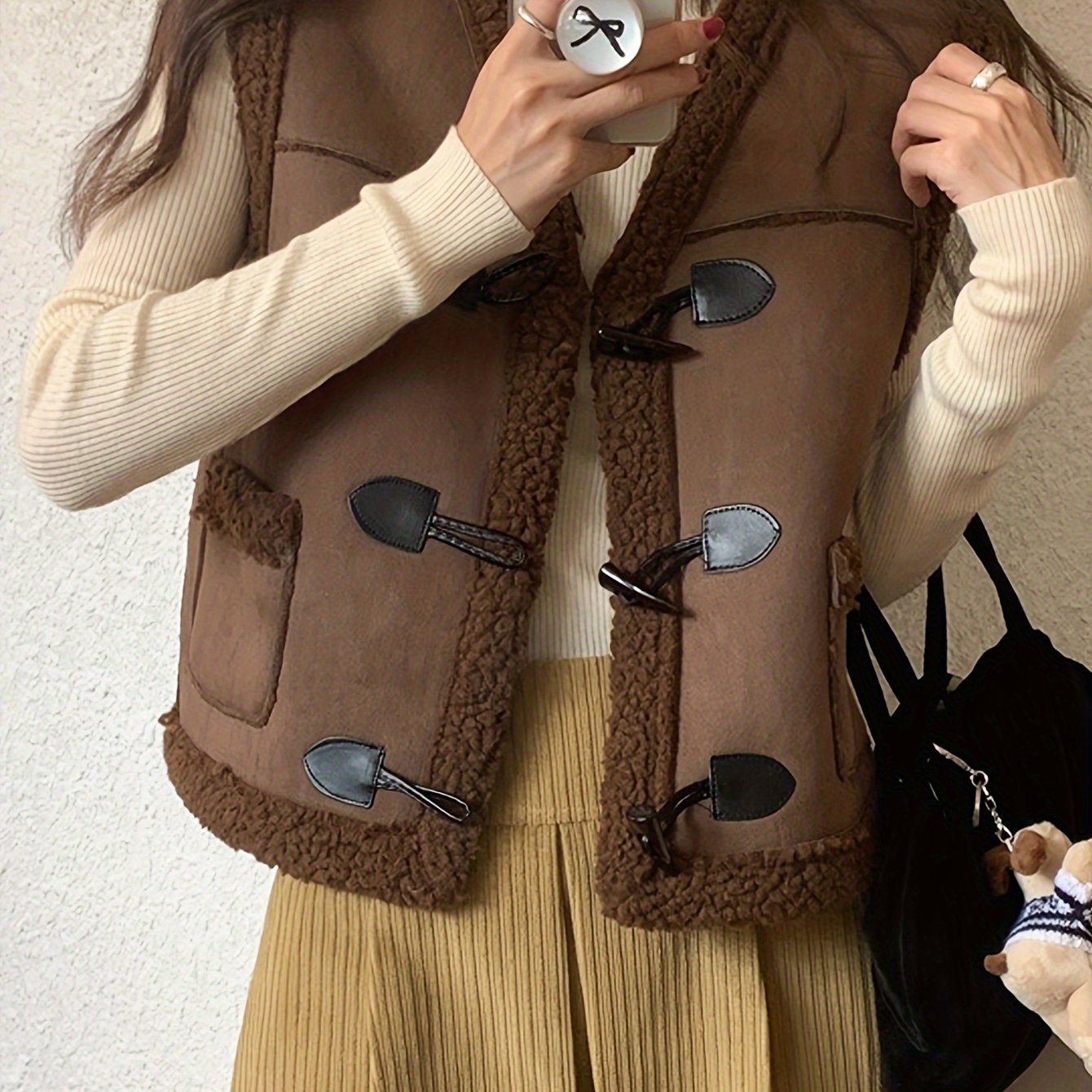 Sixsr Faux Fur Trim Duffle Vest, Casual Thermal Sleeveless Pocket Vest For Fall & Winter, Women's Clothing