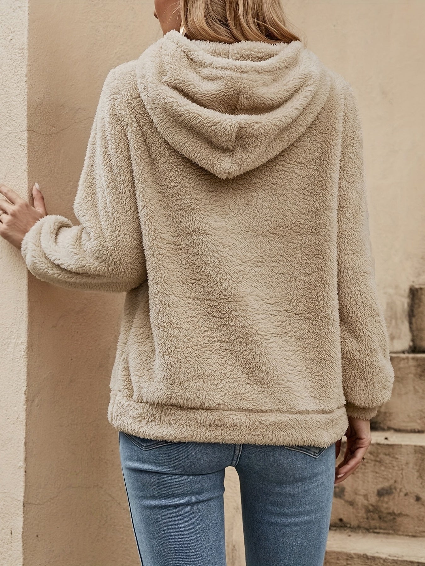 Sixsr Solid Color Drawstring Teddy Hoodie, Casual Long Sleeve Hoodie Sweatshirt, Women's Clothing