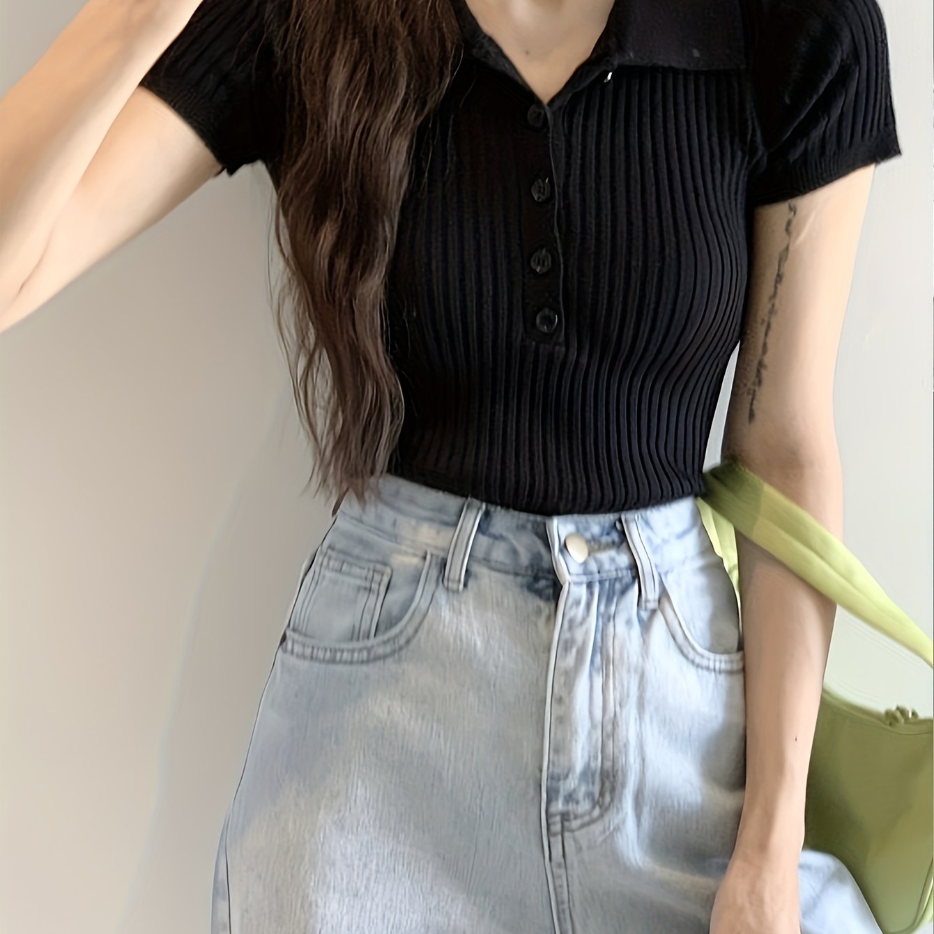 Sixsr Button Front V Neck Knit Sweater, Elegant Short Sleeve Slim Summer Knit Sweater, Women's Clothing