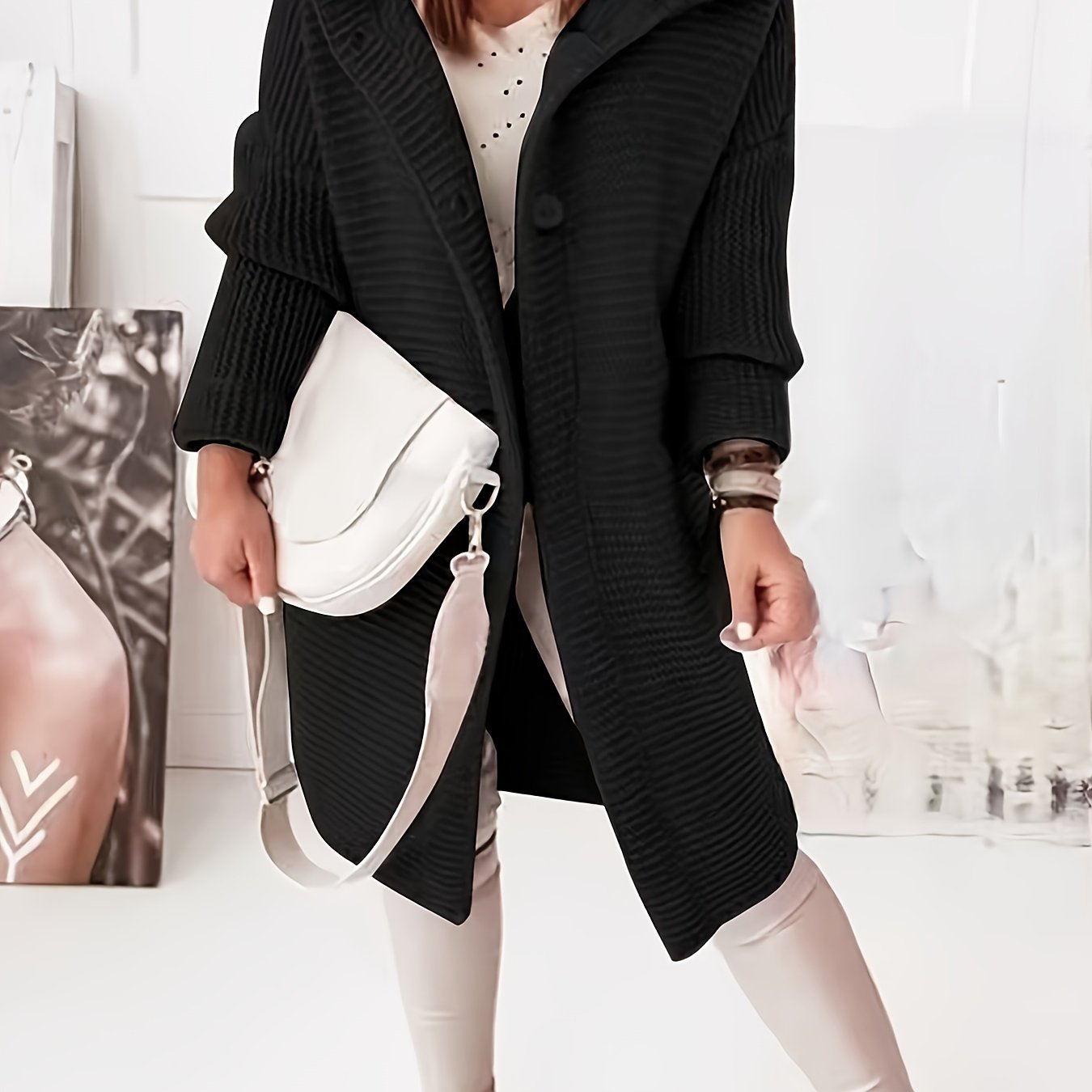 Sixsr Button Front Hooded Knit Cardigan, Casual Long Sleeve Simple Sweater, Women's Clothing