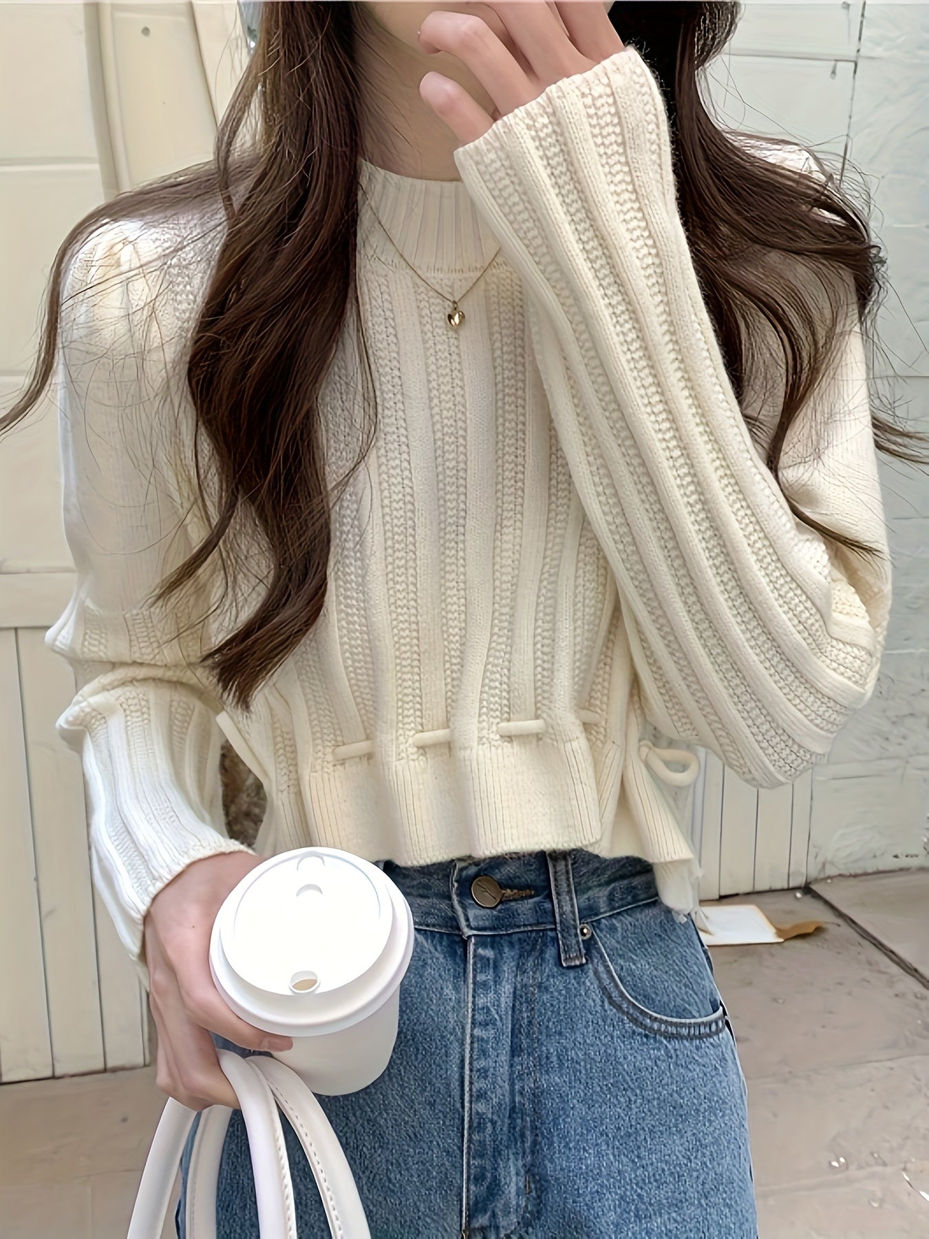 Sixsr Solid Drawstring Hem Crop Sweater, Casual Mock Neck Long Sleeve Sweater For Fall & Winter, Women's Clothing