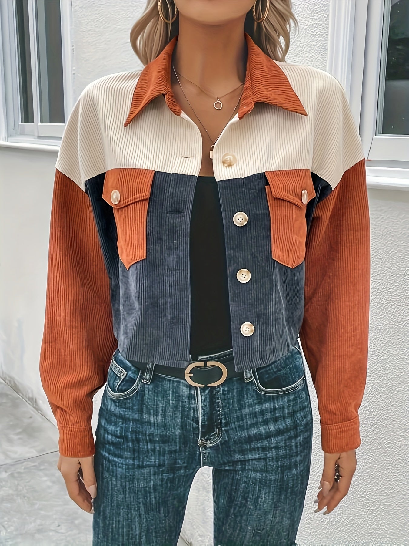 Sixsr Corduroy Color Block Button Front Jacket, Casual Long Sleeve Drop Shoulder Lapel Outwear For Spring & Fall, Women's Clothing