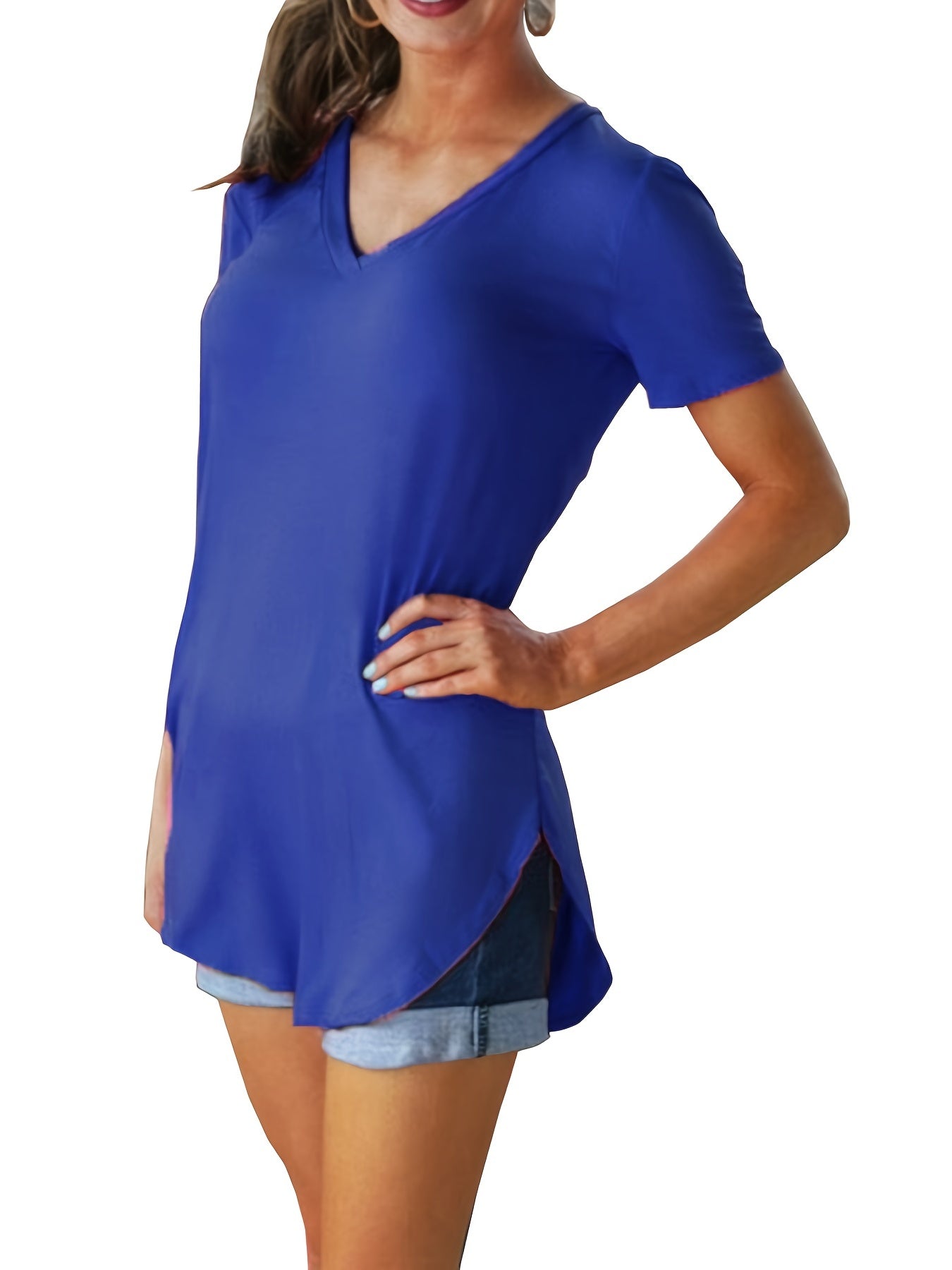 Sixsr Hem Arc Spilt Hem T-shirt, Casual V Neck Short Sleeve Summer T-shirt, Women's Clothing