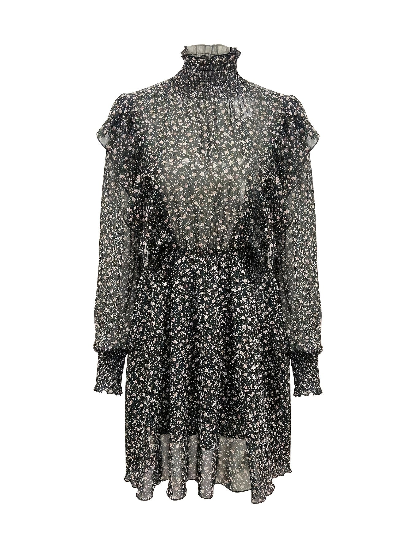 Sixsr Ditsy Floral Print Dress, Elegant Mock Neck Long Sleeve Ruffle Trim Dress, Women's Clothing