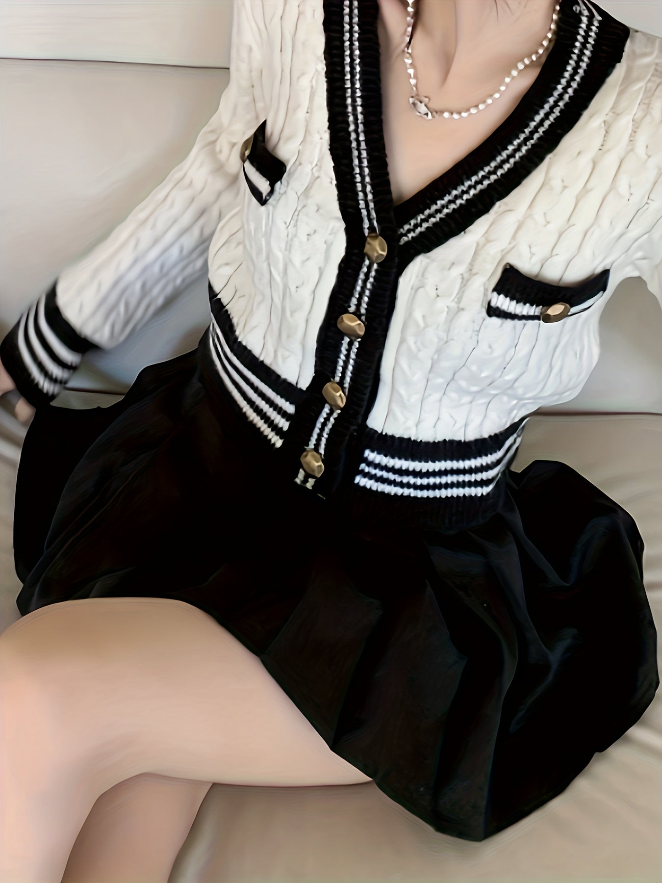 Sixsr Contrast Trim Button Down Cable Knit Cardigan, Casual V Neck Long Sleeve Crop Sweater, Women's Clothing