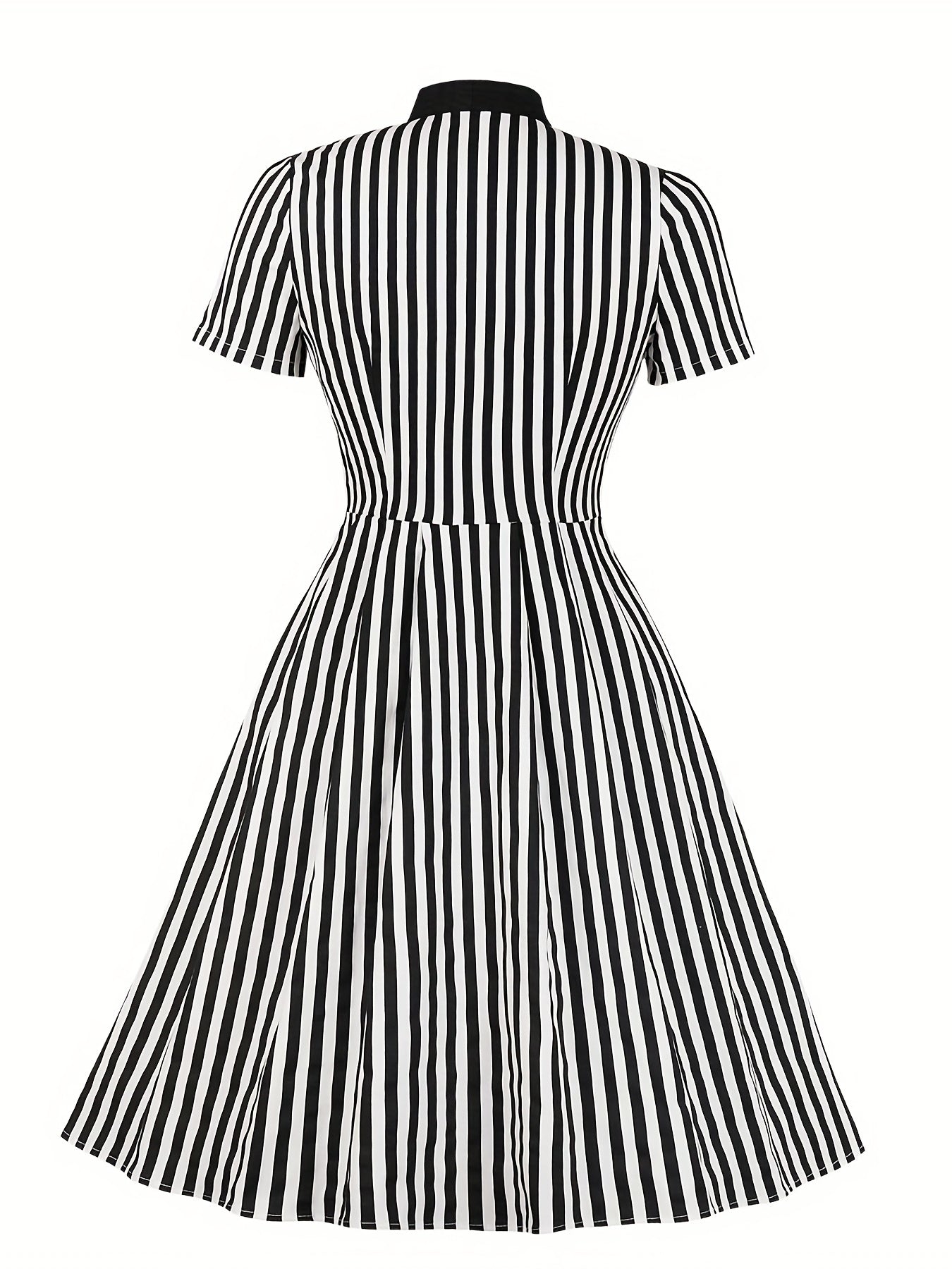 Women's Plus Size Preppy Dress - Stylish Stripe Print Button Up A-line Dress with Boe Knot and Slight Stretch