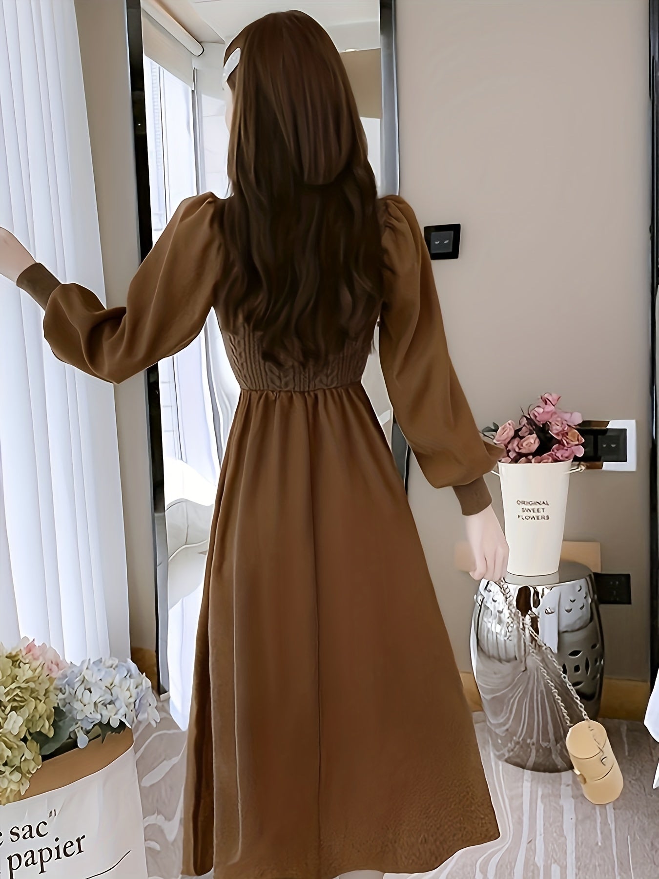Sixsr Crew Neck Knitted Maxi Dress, Elegant Solid Color Button Long Sleeve Sweater A-line Dress For Fall & Winter, Women's Clothing