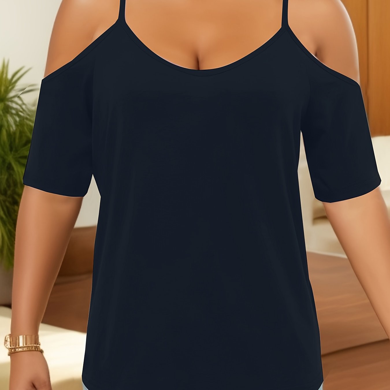 Sixsr Cold Shoulder V Neck T-Shirt, Casual Short Sleeve T-Shirt For Spring & Summer, Women's Clothing