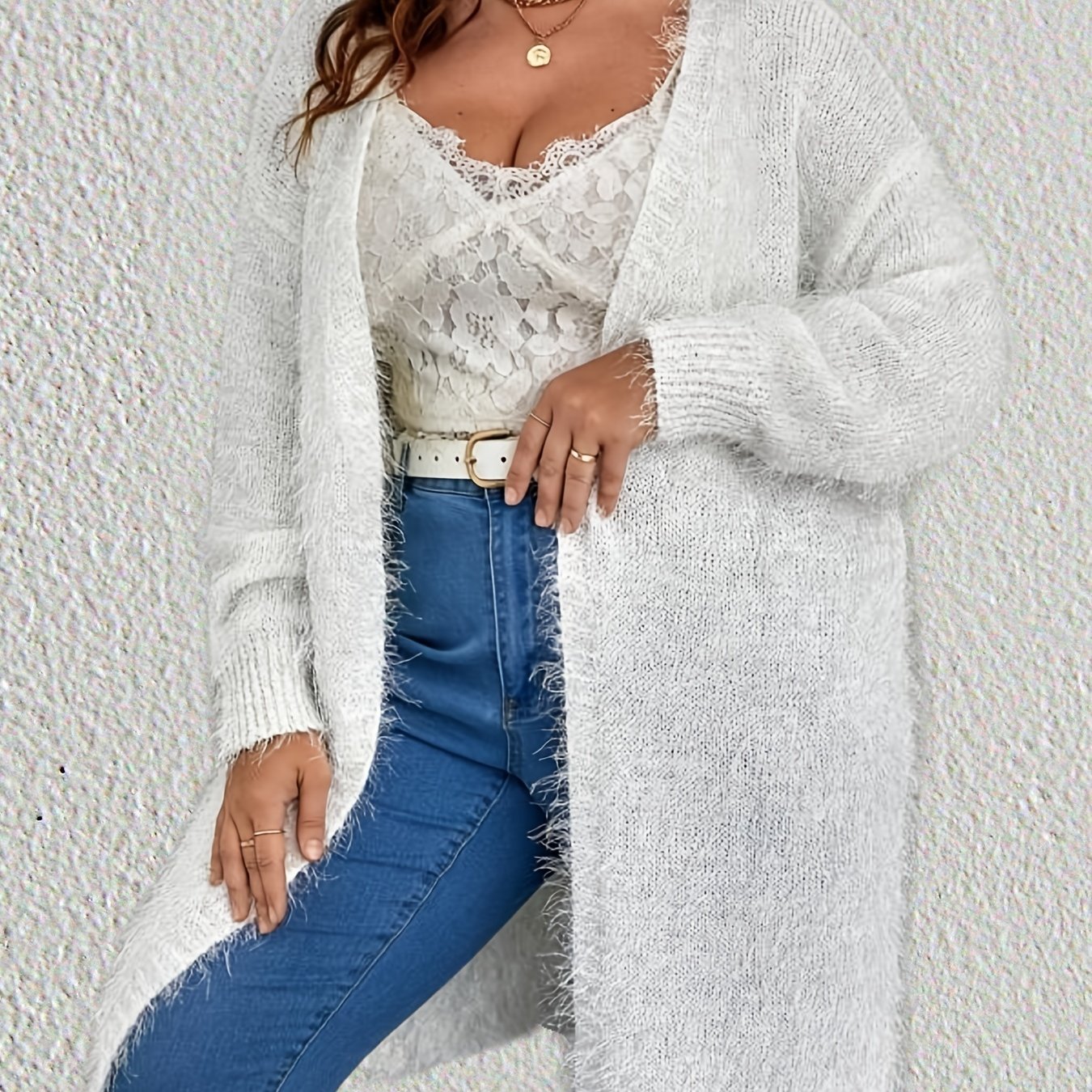 Sixsr Plus Size Longline Fuzzy Solid Cardigan, Women's Plus Slight Stretch Casual Sweater Cardigan