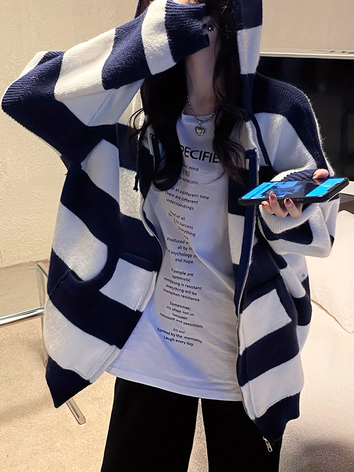 Sixsr Striped Zip Up Knit Cardigan, Vintage Long Sleeve Loose Hooded Sweater, Women's Clothing