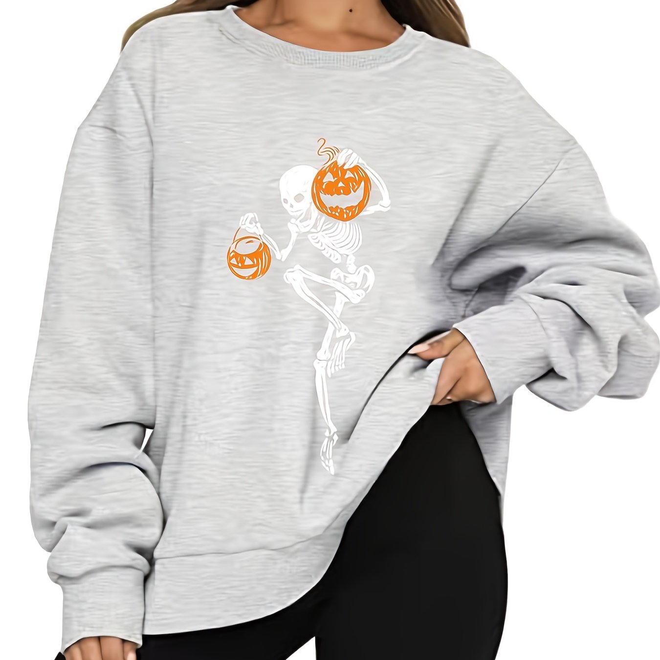 Sixsr Halloween Skull Print Pullover Sweatshirt, Casual Long Sleeve Crew Neck Sweatshirt For Spring & Fall, Women's Clothing