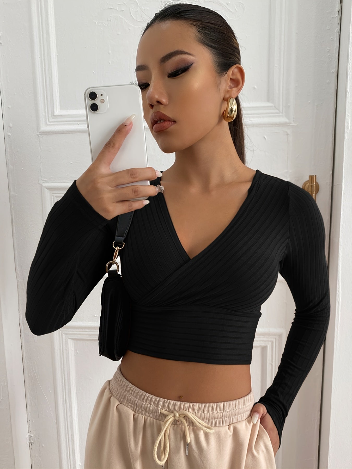 Sixsr Ribbed Solid Deep V Neck Long Sleeve Cross Wrap Crop Tops , Women's Clothings