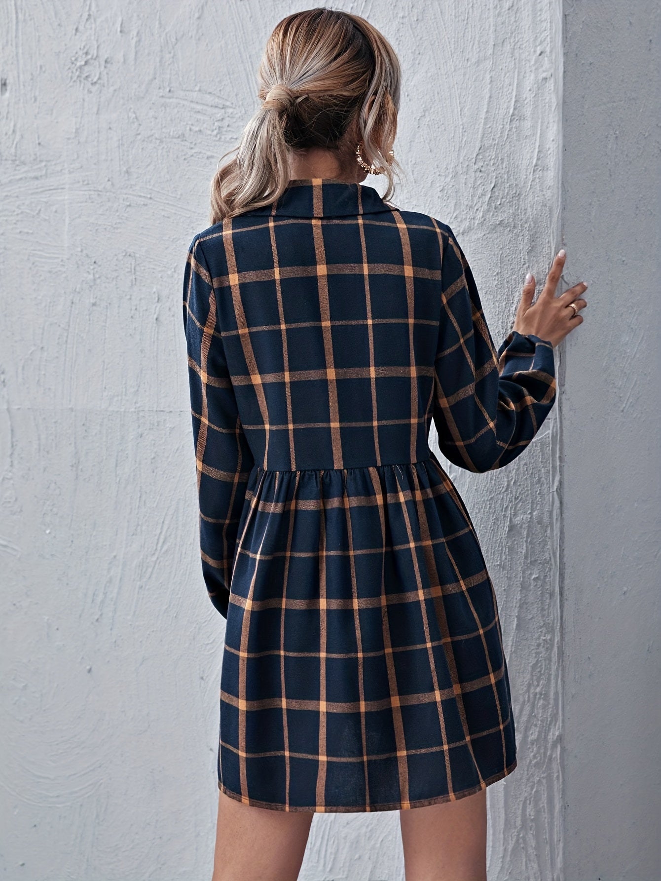 Sixsr Plaid Print Shirt Dress, Elegant Button Long Lantern Sleeve Dress For Spring & Fall, Women's Clothing