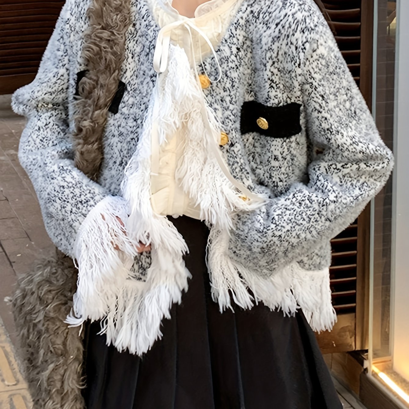 Sixsr Elegant Button Front Fringe Trim Cardigan, Long Sleeve Cardigan For Fall & Winter, Women's Clothing