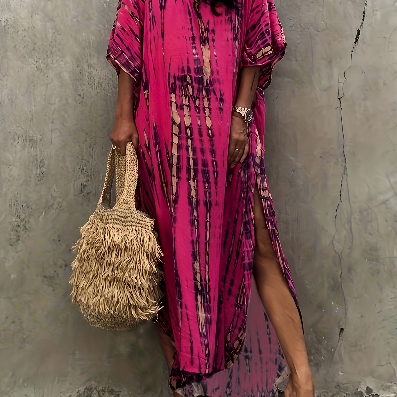 Sixsr V Neck Oversized Kaftan Dress, Bohemian Loose Beach Vacation Dress, Women's Clothing