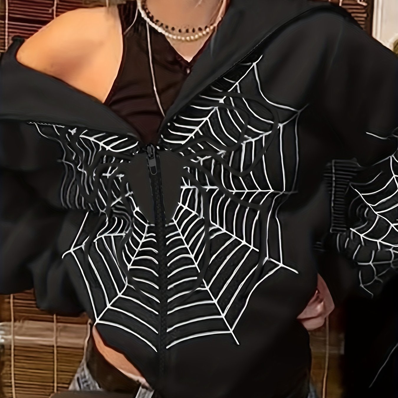 Sixsr Y2K Spider Print Zip Up Hoodie, Long Sleeve Hoodies Sweatshirt, Women's Clothing