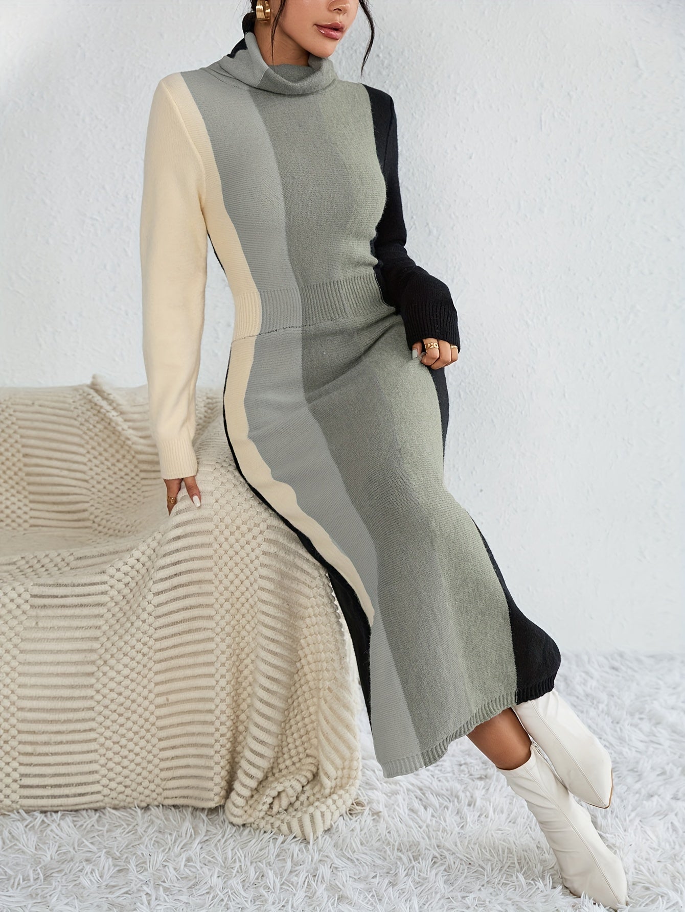 Sixsr Color Block Rib Knit Dress, Casual High Neck Long Sleeve Midi Dress, Women's Clothing