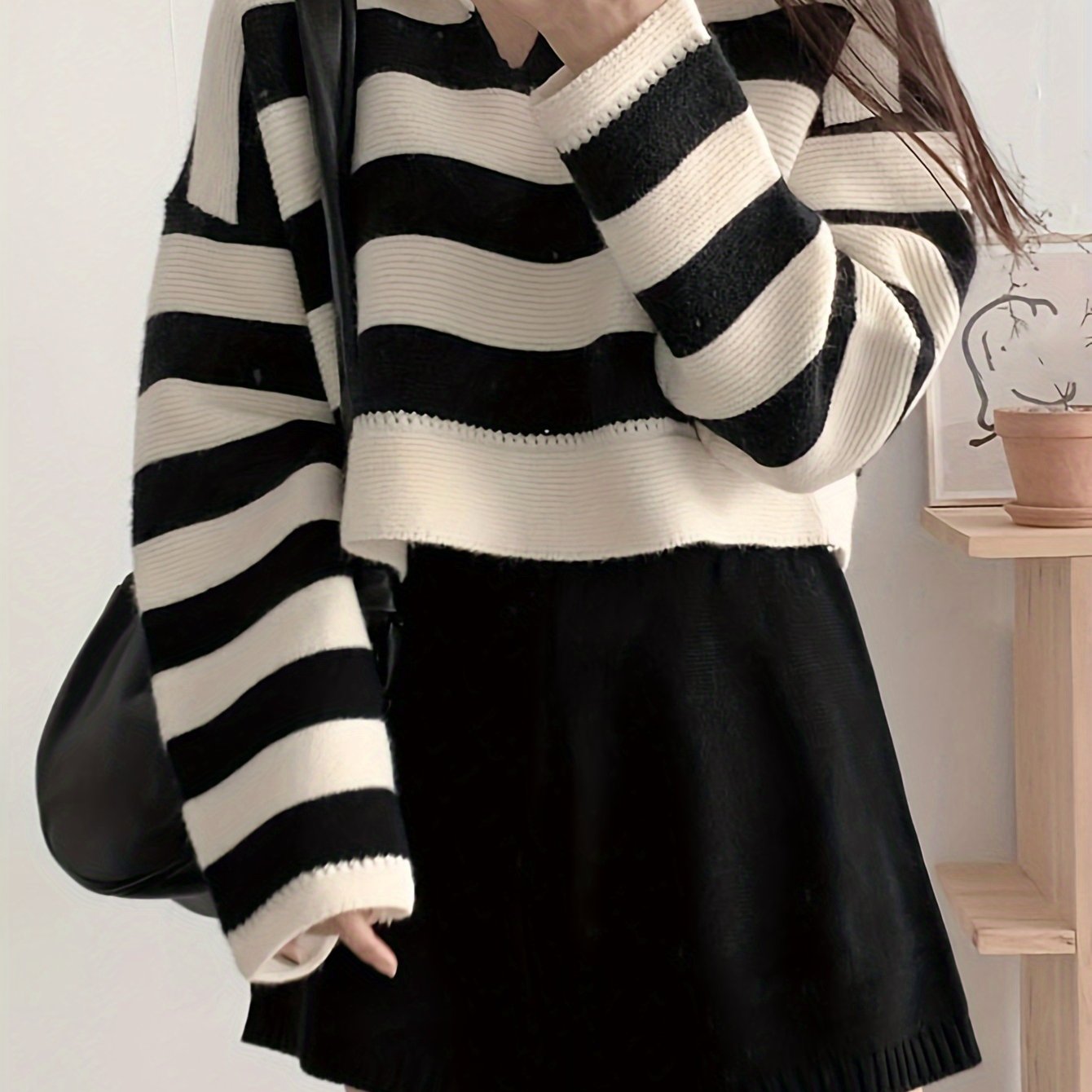 Sixsr Striped Notched Collar Pullover Sweater, Casual Long Sleeve Loose Crop Sweater, Women's Clothing