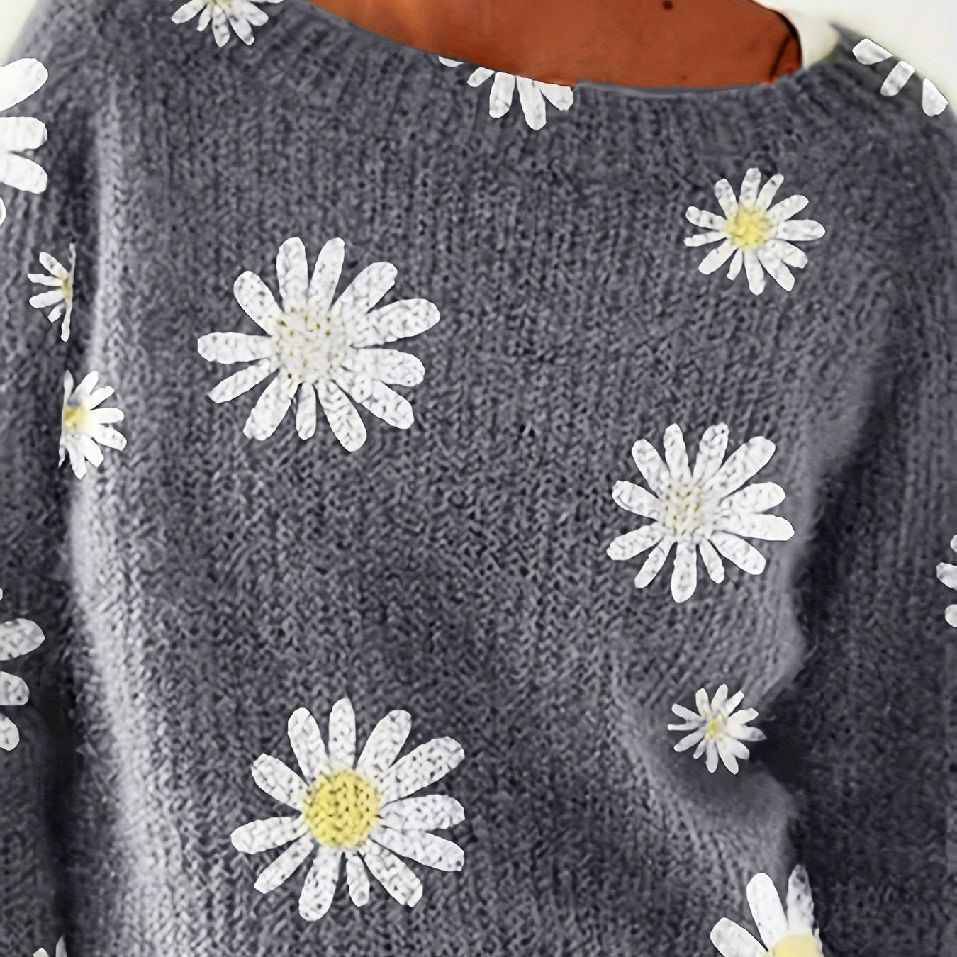 Sixsr Plus Size Casual Sweater, Women's Plus Floral Embroidery Long Sleeve Round Neck Slight Stretch Sweater
