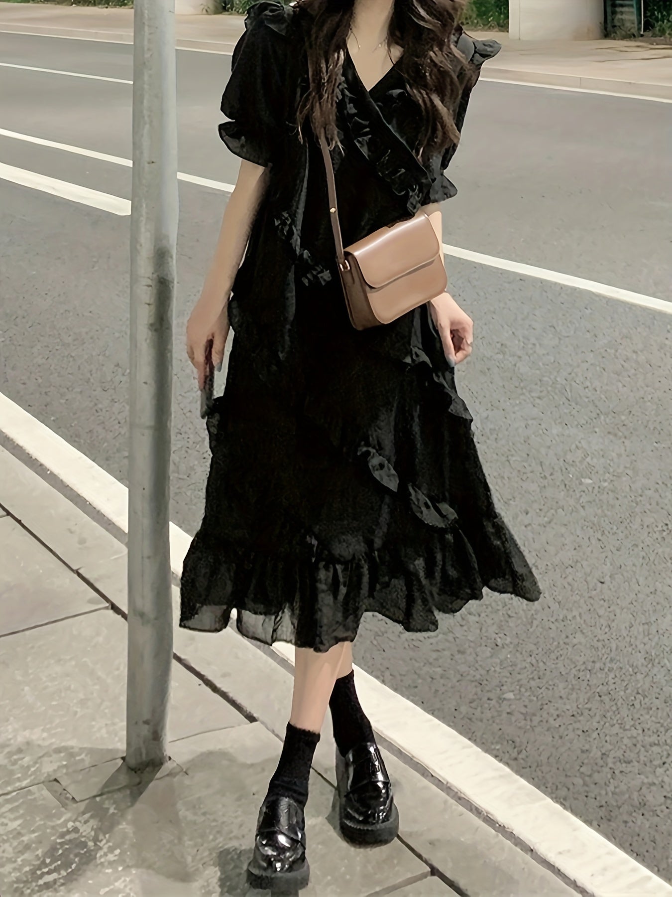 Sixsr Ruffle Trim Puff Sleeve Dress, Casual Solid Color V Neck A-line Dress, Women's Clothing