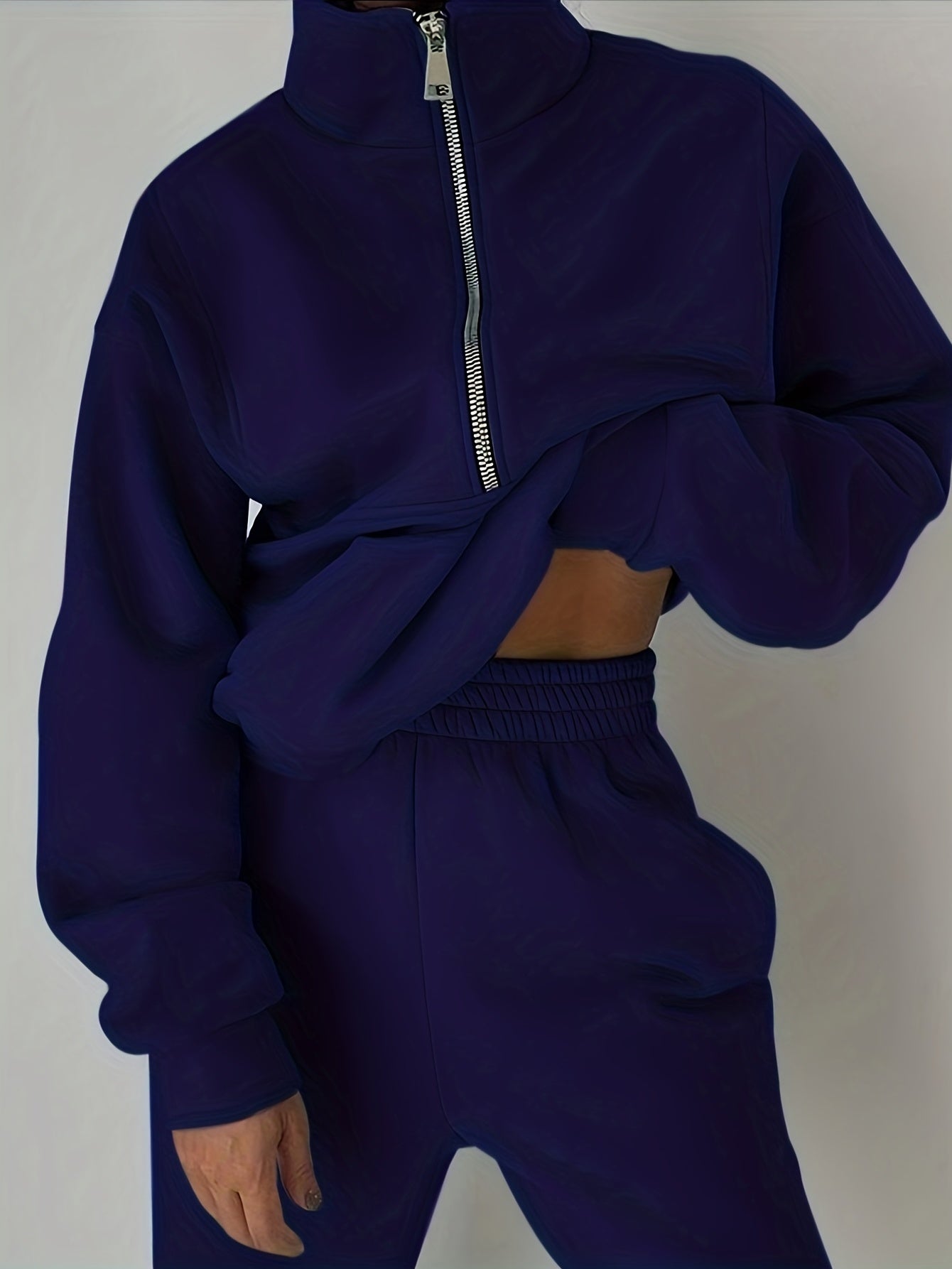 Sixsr Casual Matching Two-piece Set, Zip Up Sweatshirt & Solid Sweatpants Outfits, Women's Clothing