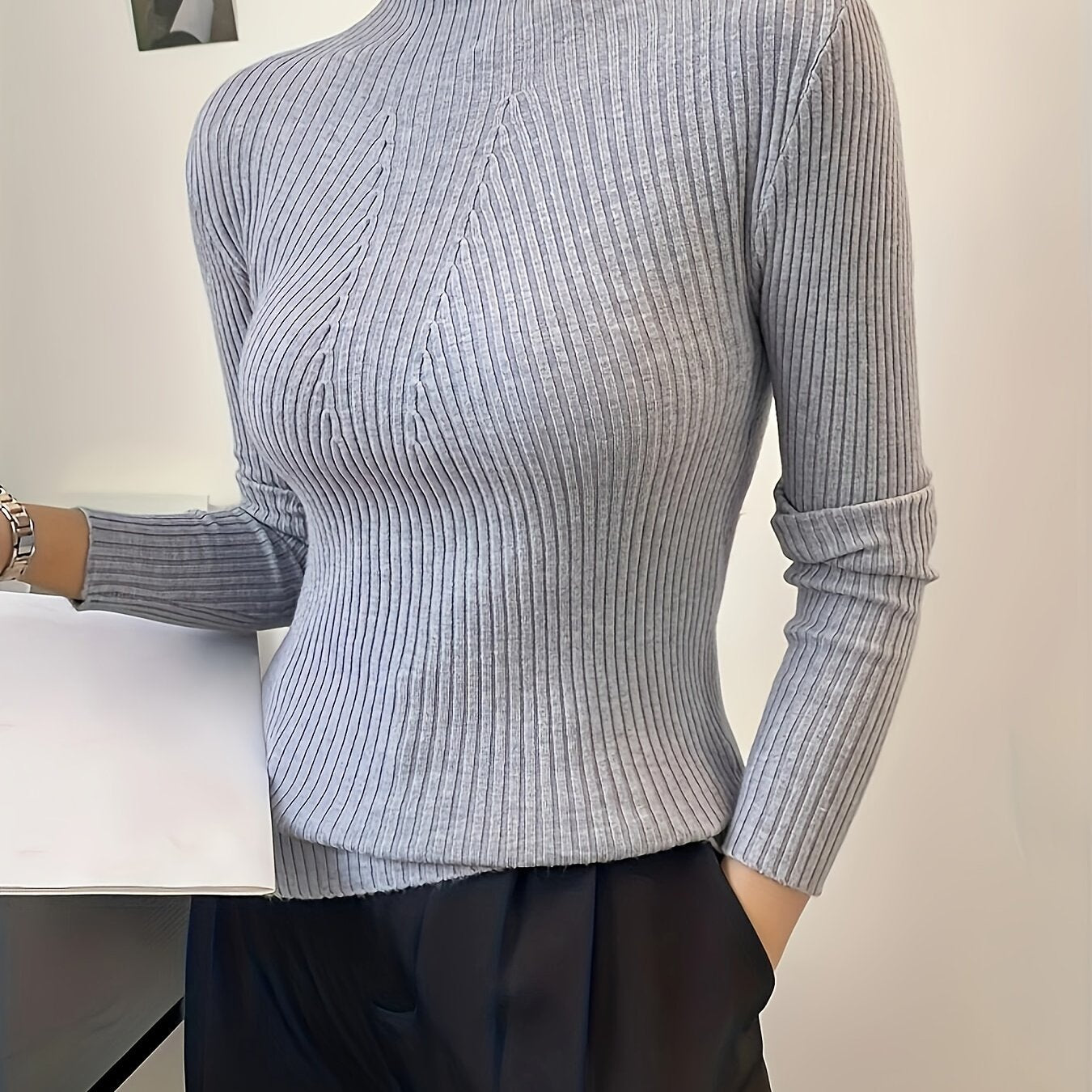 Sixsr Solid Mock Neck Slim Pullover Sweater, Causal Long Sleeve Sweater, Women's Clothing