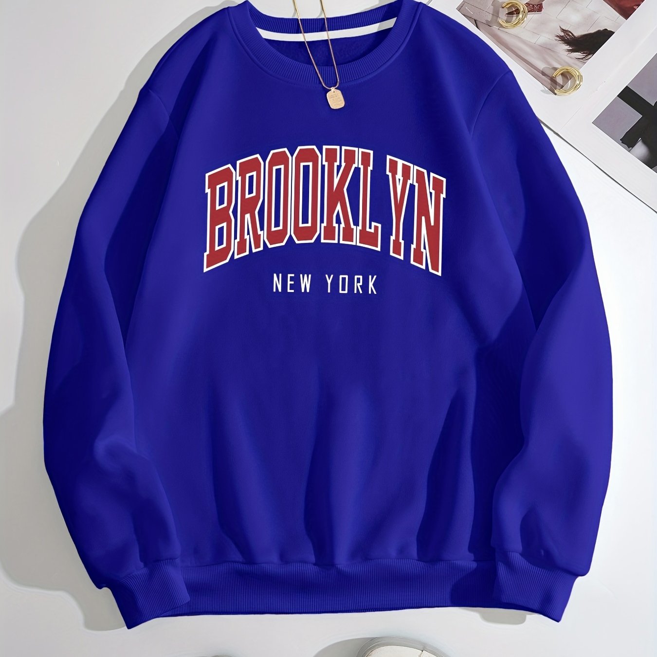Sixsr Brooklyn Print Solid Pullover, Crew Neck Long Sleeve Casual Sweatshirt, Women's Clothing