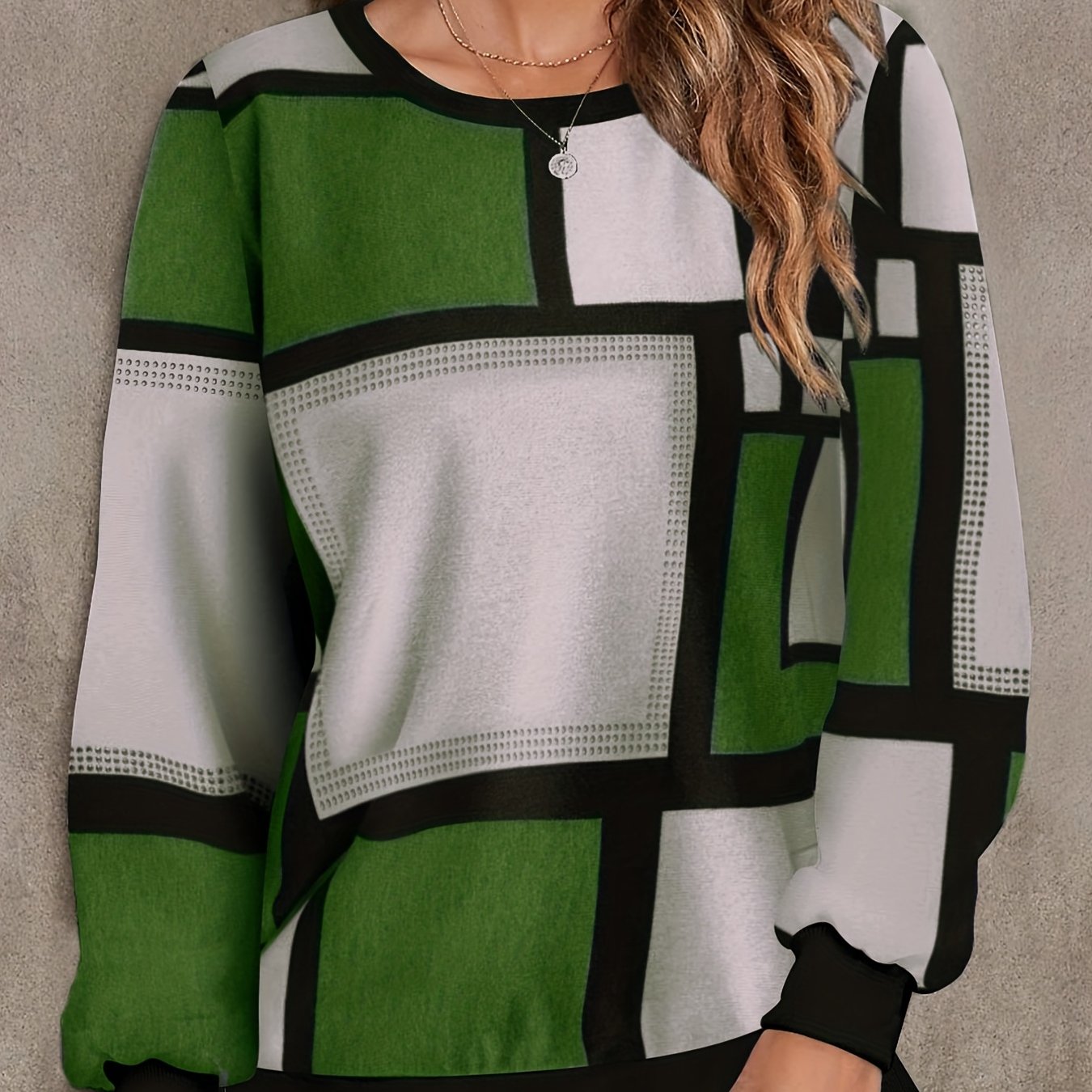Sixsr Plus Size Casual Sweatshirt, Women's Plus Rhinestone Colorblock Long Sleeve Round Neck Slight Stretch Sweatshirt