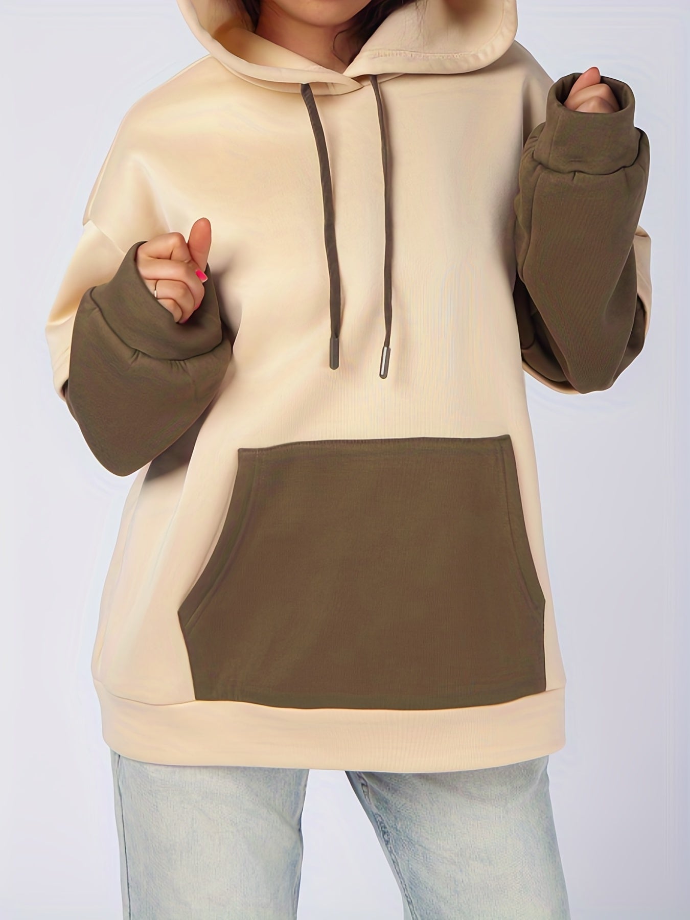 Sixsr Plus Size Casual Sweatshirt, Women's Plus Colorblock Long Sleeve Slight Stretch Drawstring Hoodie With Giant Pocket