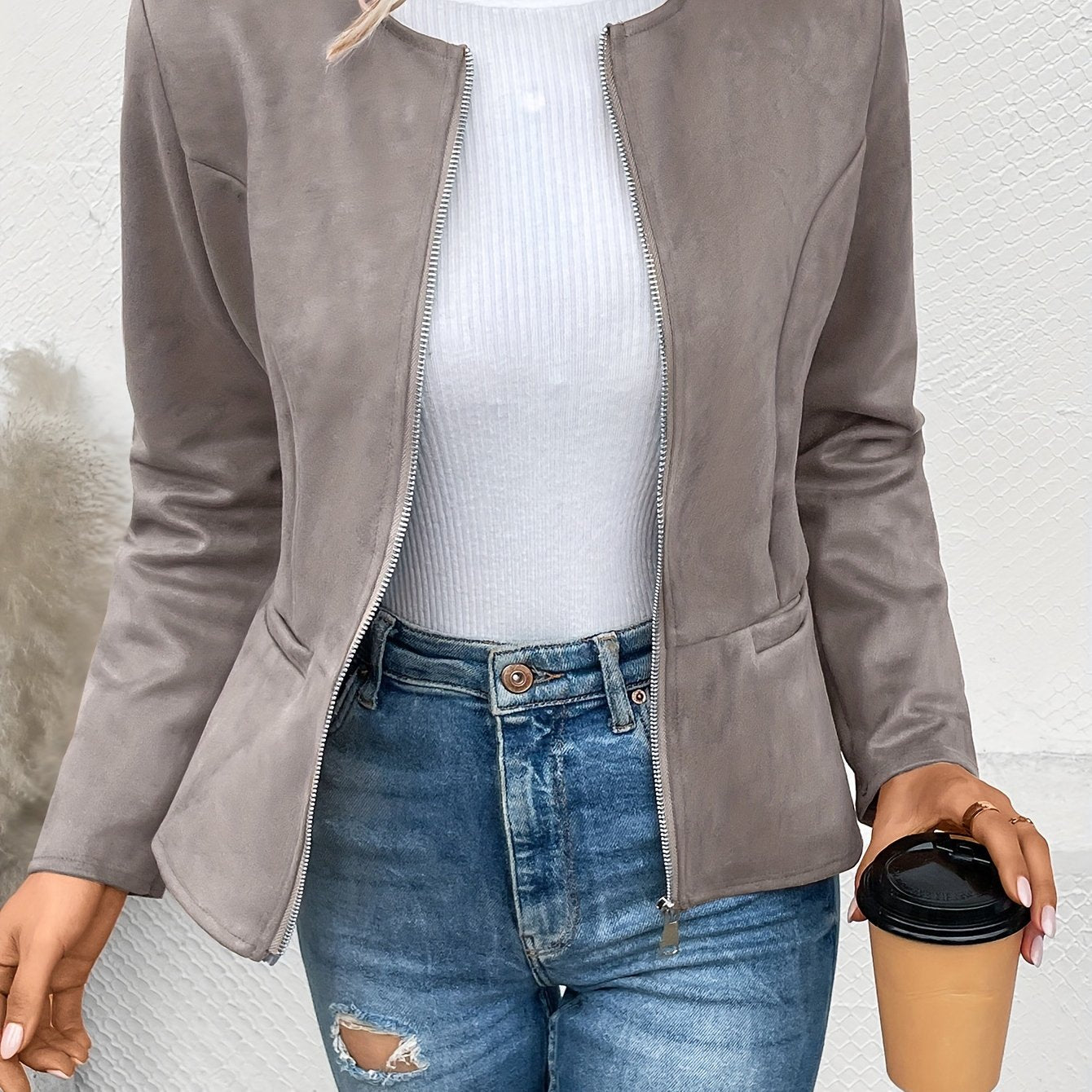 Sixsr Solid Zip Up Jacket, Casual Long Sleeve Crew Neck Outerwear For Spring & Fall, Women's Clothing