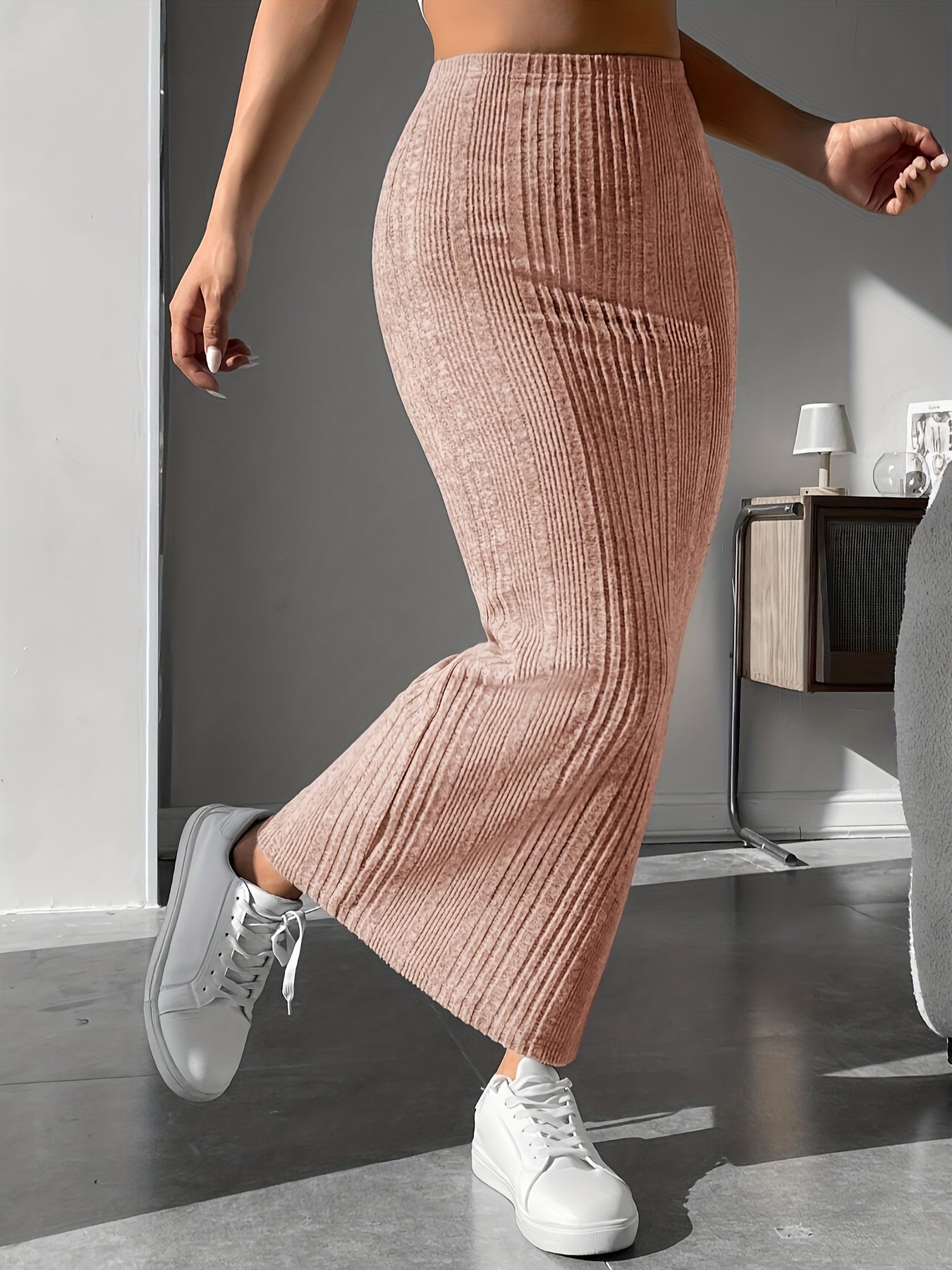 Sixsr Solid Ribbed High Waist Skirt, Casual Ankle Length Skirt For Spring & Fall, Women's Clothing