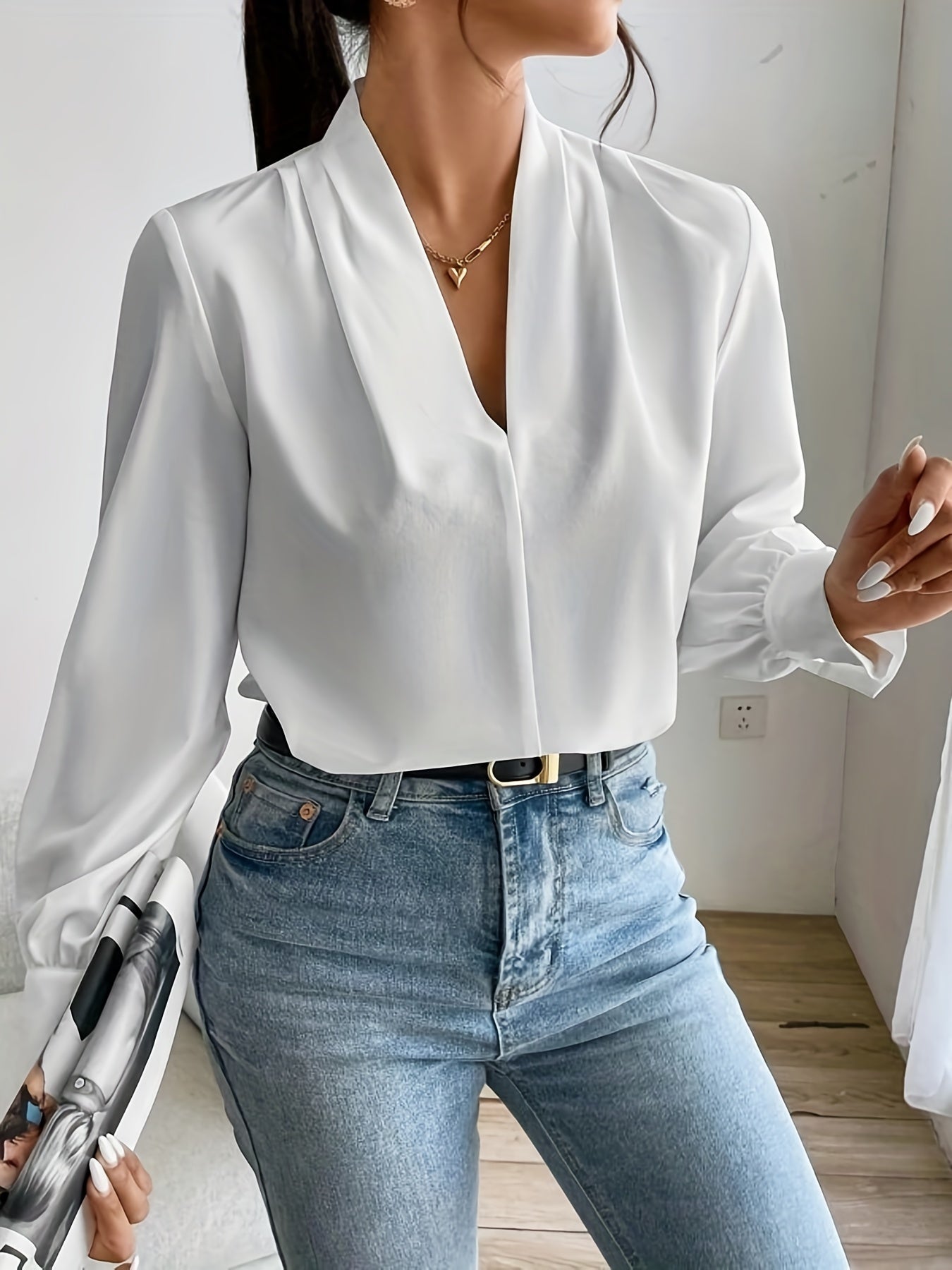Sixsr Solid V-neck Pleated Blouse, Elegant Long Sleeve Blouse For Office & Work, Women's Clothing