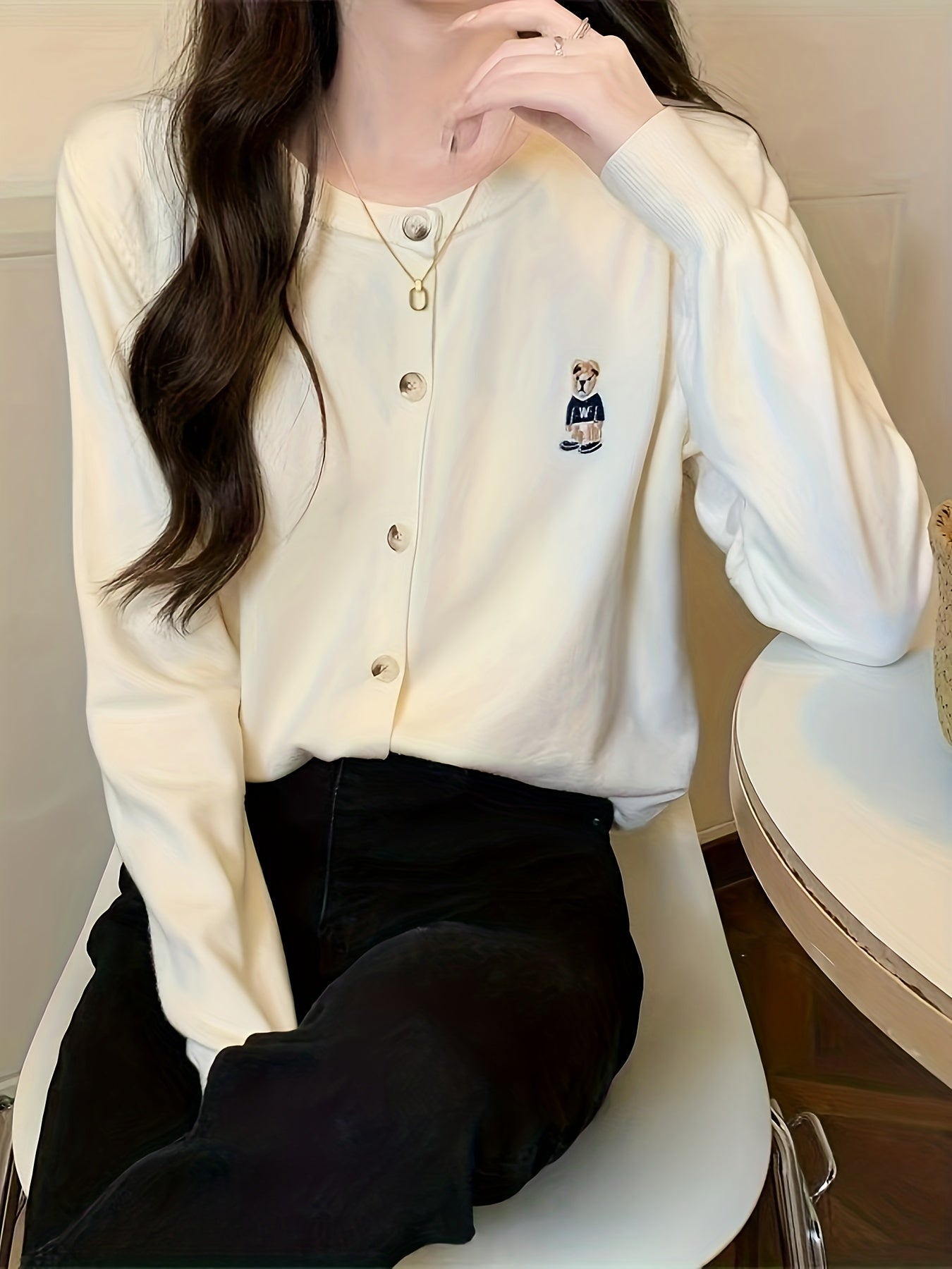 Sixsr Bear Pattern Button Front Cardigan, Casual Long Sleeve Cardigan For Spring & Fall, Women's Clothing